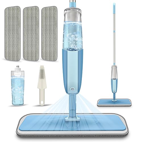 Wischer mit Sprühfunktion, MEXERRIS Sprühwischer Bodenwischer mit Wassertank 360 Grad Rotierender Wischmopp Spray Mop Wischer Boden mit 3 Waschbaren Mikrofaser Pads für alle Böden - Blau