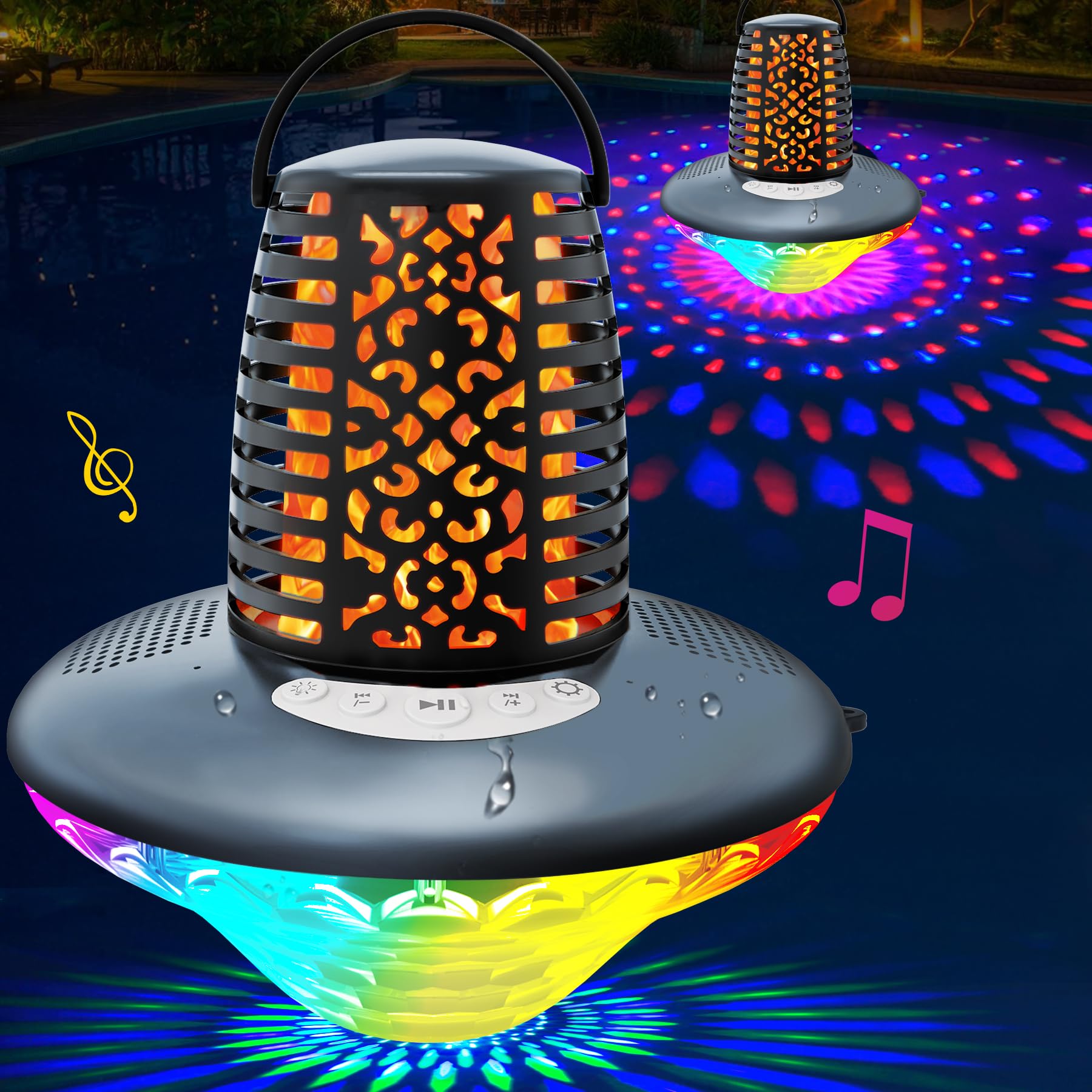 KingSom Floating Pool Speaker,Bluetooth Pool Speakers with LED Flame Light and RGB Light,IP68 Waterproof Bluetooth Speakers for Pool,Loud Stereo Sound