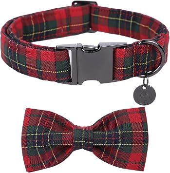 DOGWONG Christmas Red Plaid Dog Collar with Bowtie, Cute Cotton Dog Collars Red Christmas Dog Bowtie for Small Medium Large Dogs