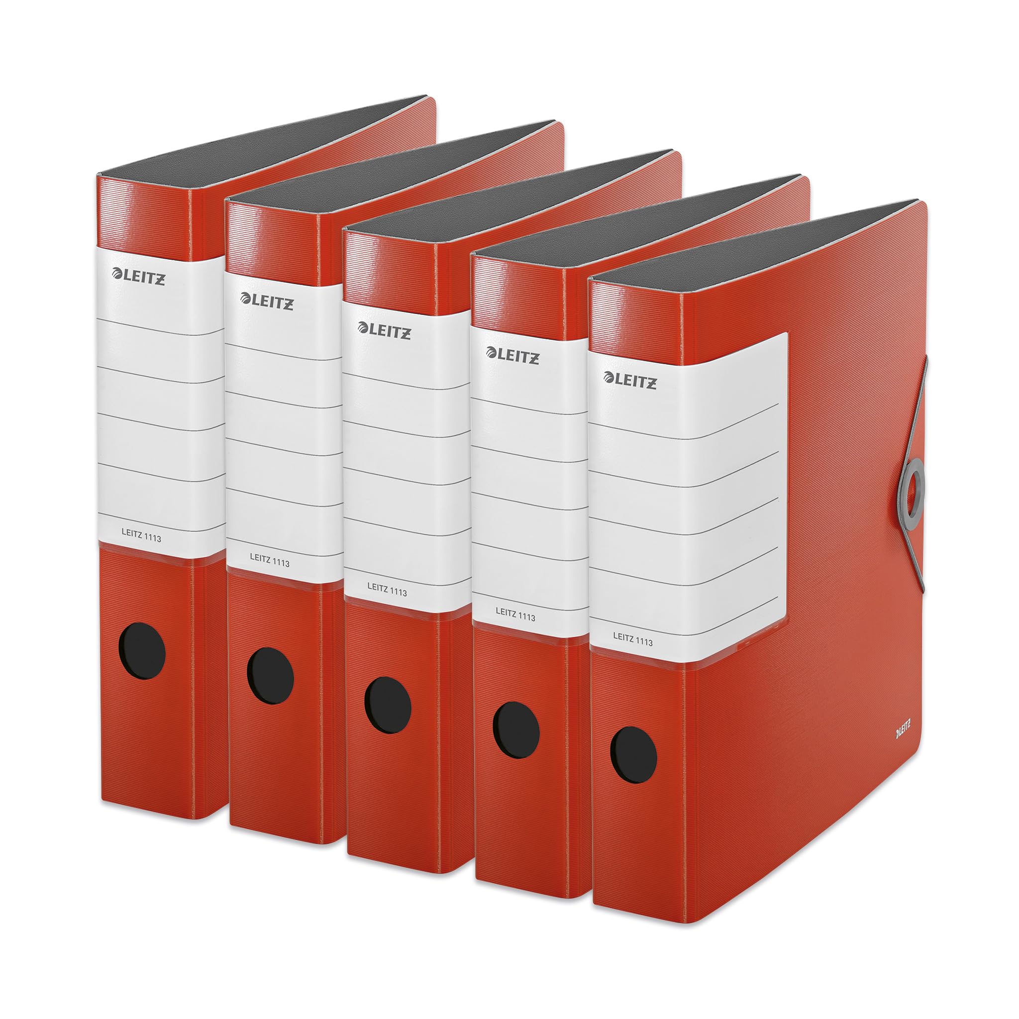 Leitz Qualitäts-Ordner 180° Solid, 5er Pack, A4, Schmal, Hellrot, 6,2 cm Rückenbreite, Gummibandverschluss, Robustes Polyfoam, extra breites, austauschbares Rückenschild, 11130020