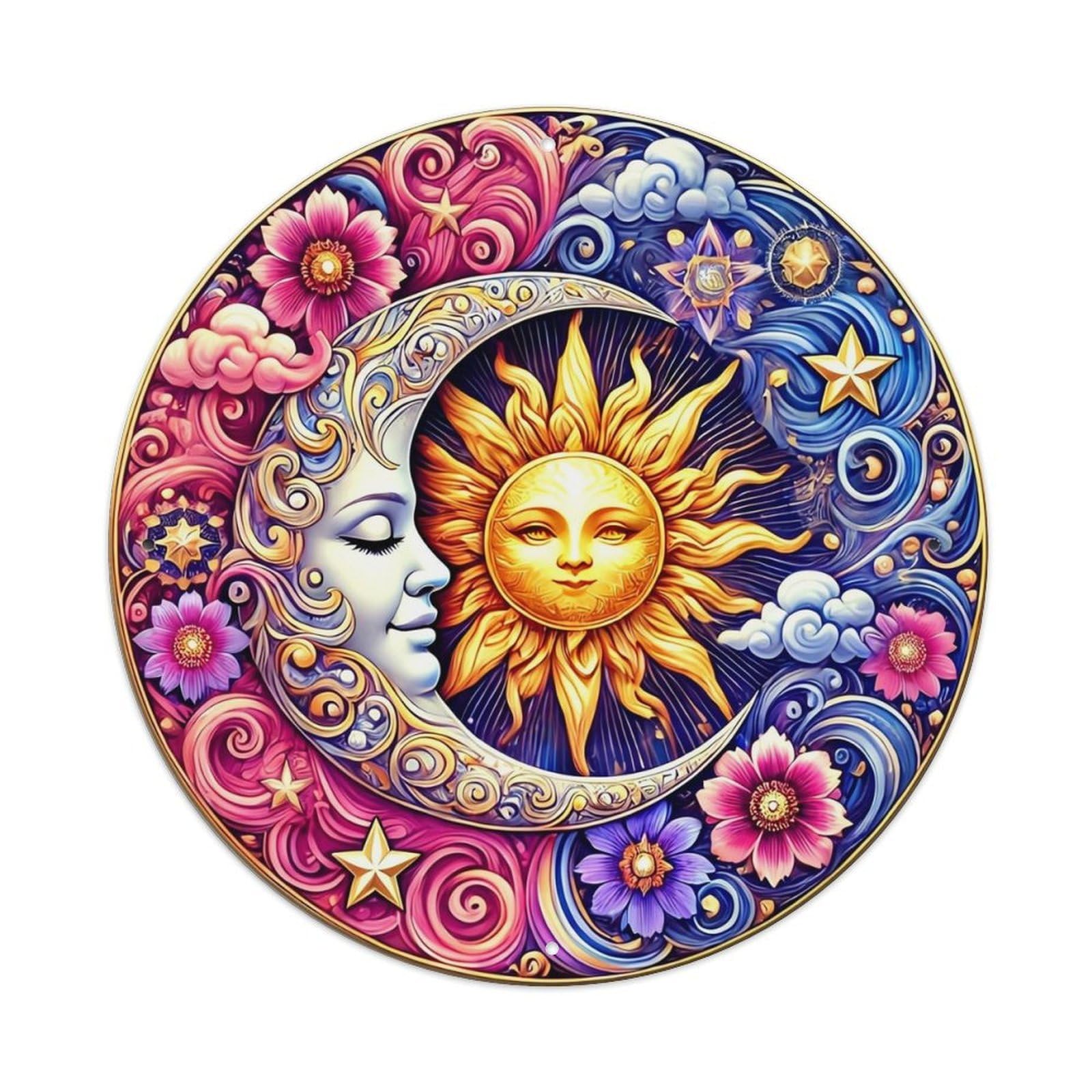 Jdyansheng Vintage Sun Moon Floral Celestial Art Tin Sign Metal Poster Metal Signs For Home Man Cave Bar Cafe Kitchen Laundry Room Wall Decorations 8X8 Inches