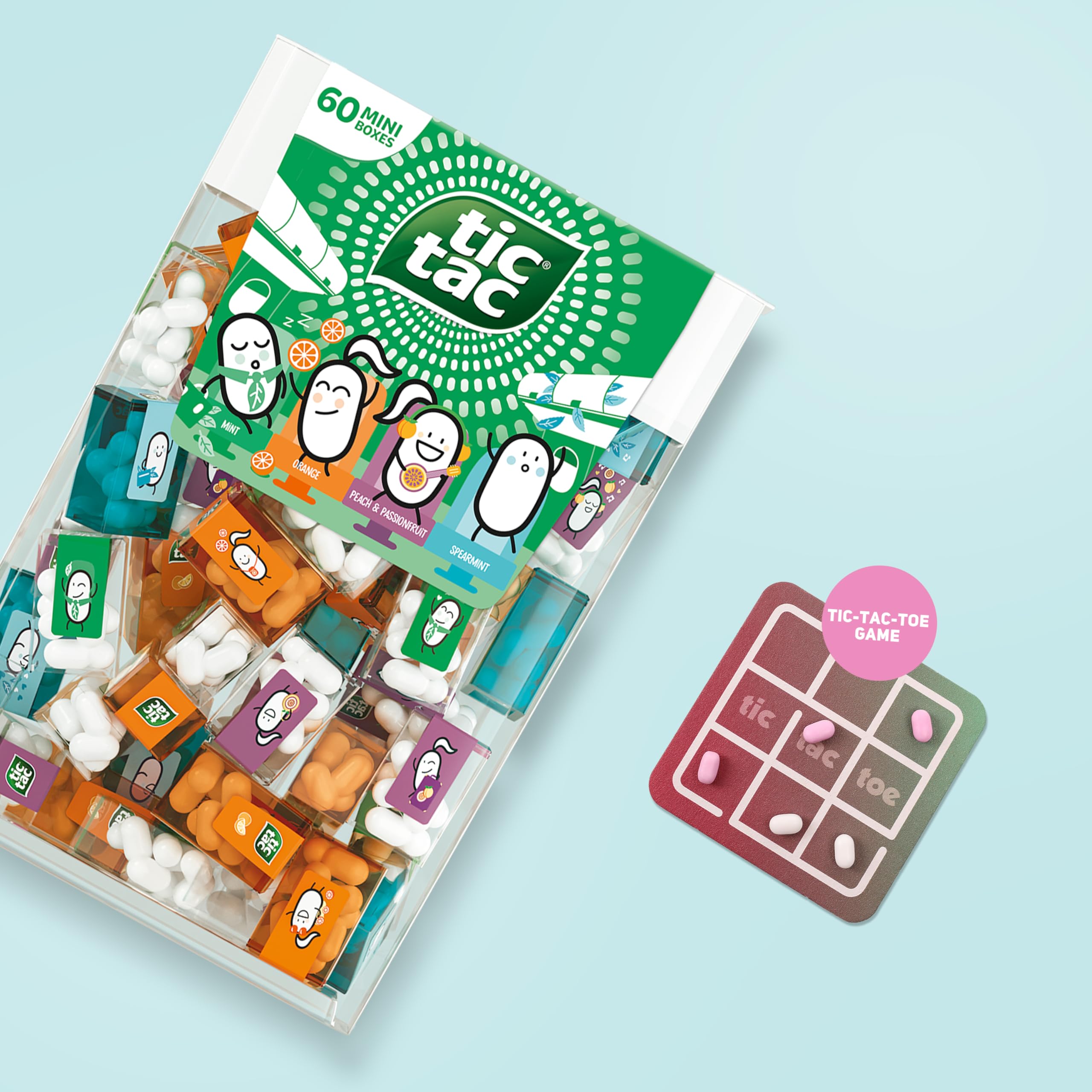 TicTacToe Travels Set de voyage - 60 mini-boîtes de 3,8 g, aux goûts variés, avec jeu TicTacToe - Mini bonbons, idéal pour les anniversaires d'enfants, cadeaux d'accompagnement & publicitaires
