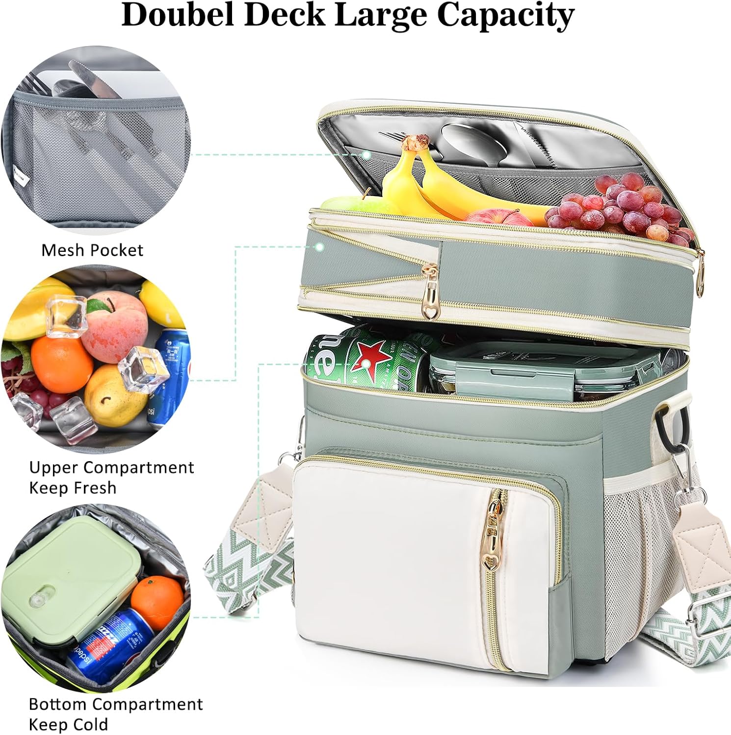 LOKASS Lunch Box & Lunch Bag for Women Men Double Deck,Large Insulated Adult Lunch Box Leakproof Lunchbox Cooler Bag for Work Picnic Beach,（Olive Green16L） - Image 9