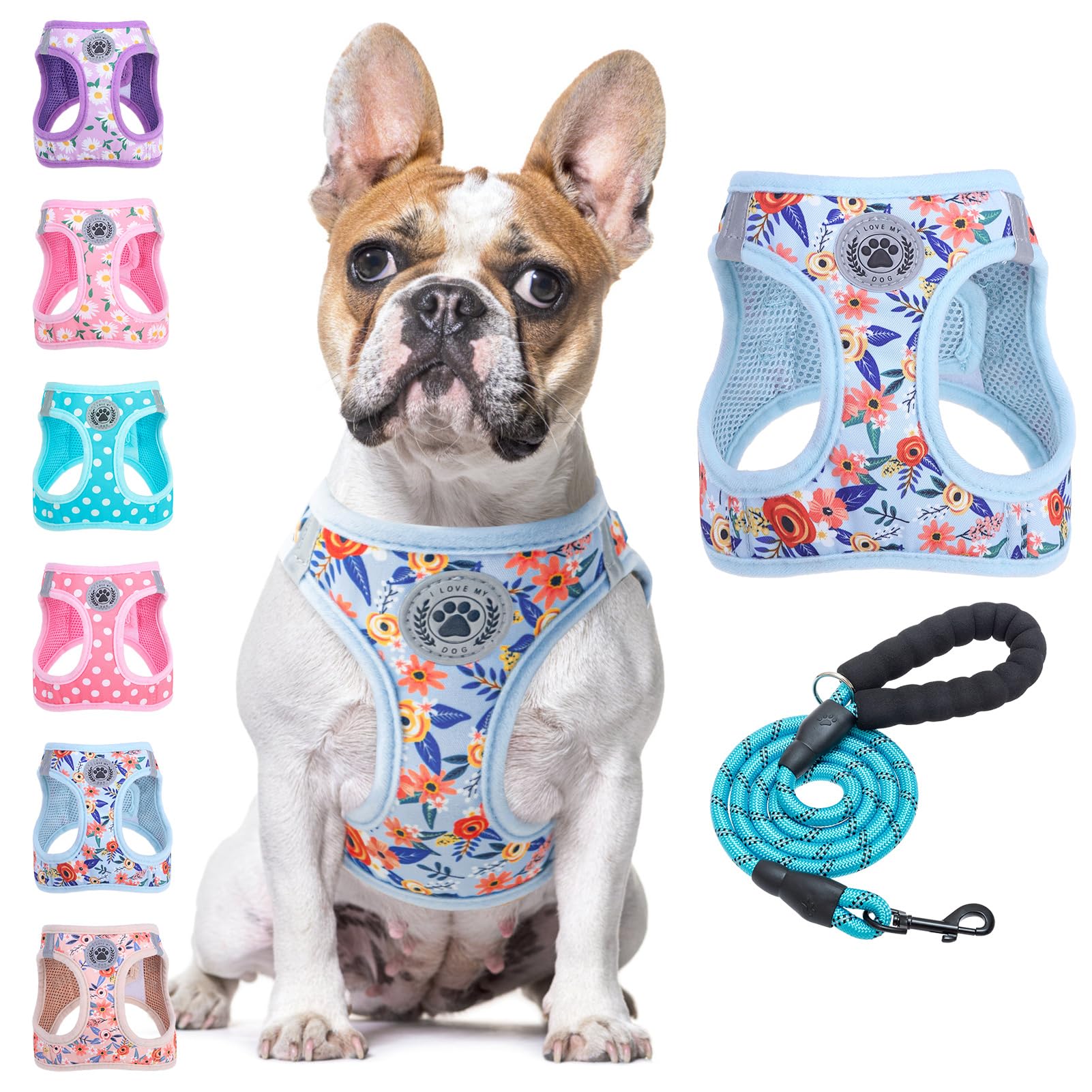 BEAUTYZOO Step in Dog Harness and Leash Set,Floral Pattern Reflective Dog Harness No Pull No Choke Puppy Harness for Small Medium Large Dogs Cats,Soft