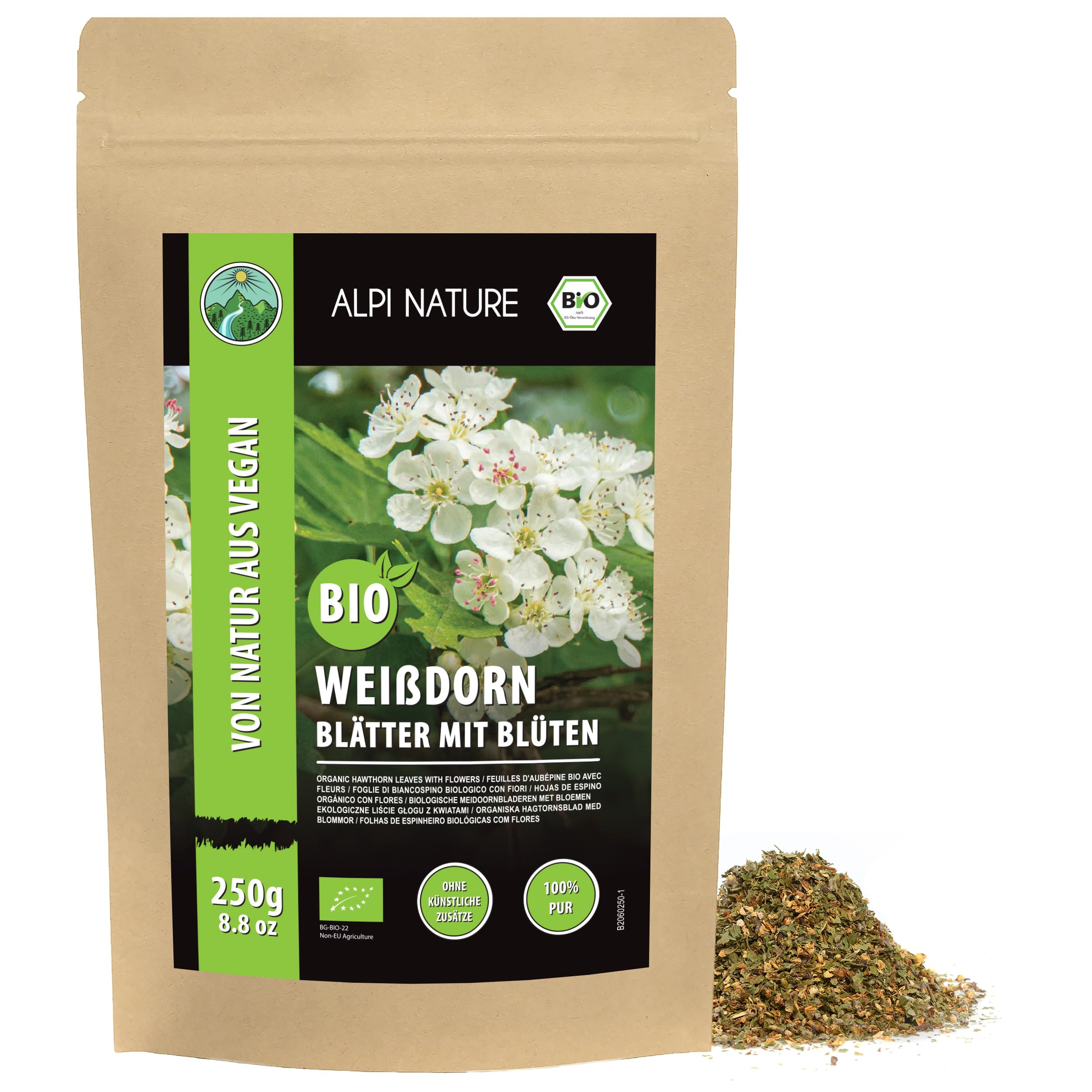 Alpi Nature Organic Hawthorn Tea 250g 8.8 oz, Dried and Cut Hawthorn Leaves and Flowers for Tea