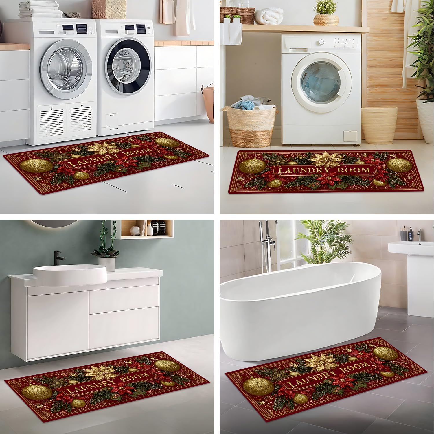 Laundry Room Rug Runner 47"x20"-Waterproof Non Slip Elegant Floor Runner, Luxury Gold Floral with Text for Master Bath Vanity Luxury Holiday Decor