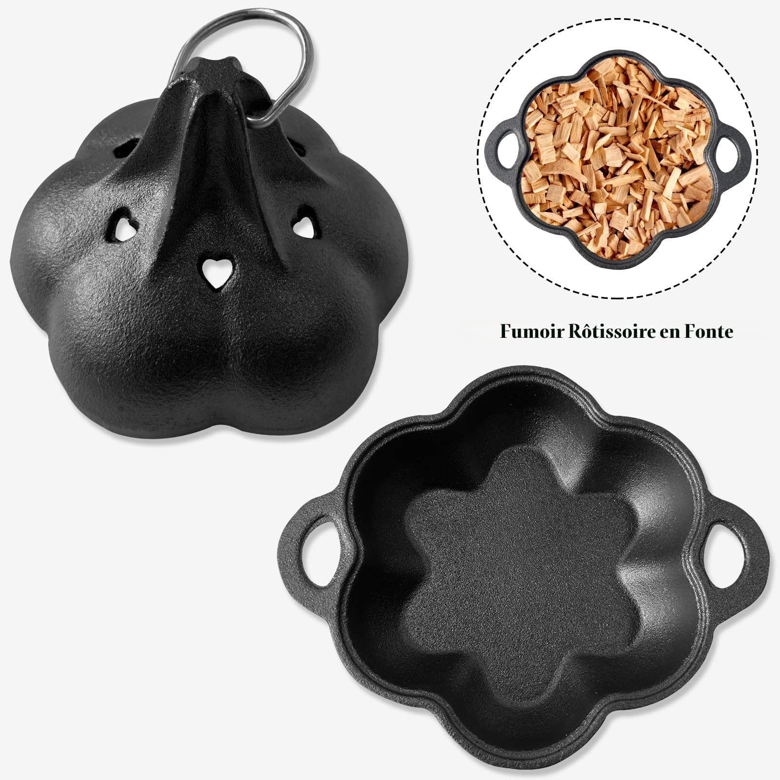 HAWOK Lot de 2 rôtisseurs d'ail en fonte pré-assaisonnée avec plateau en bambou pour barbecue, mini cocotte, noir