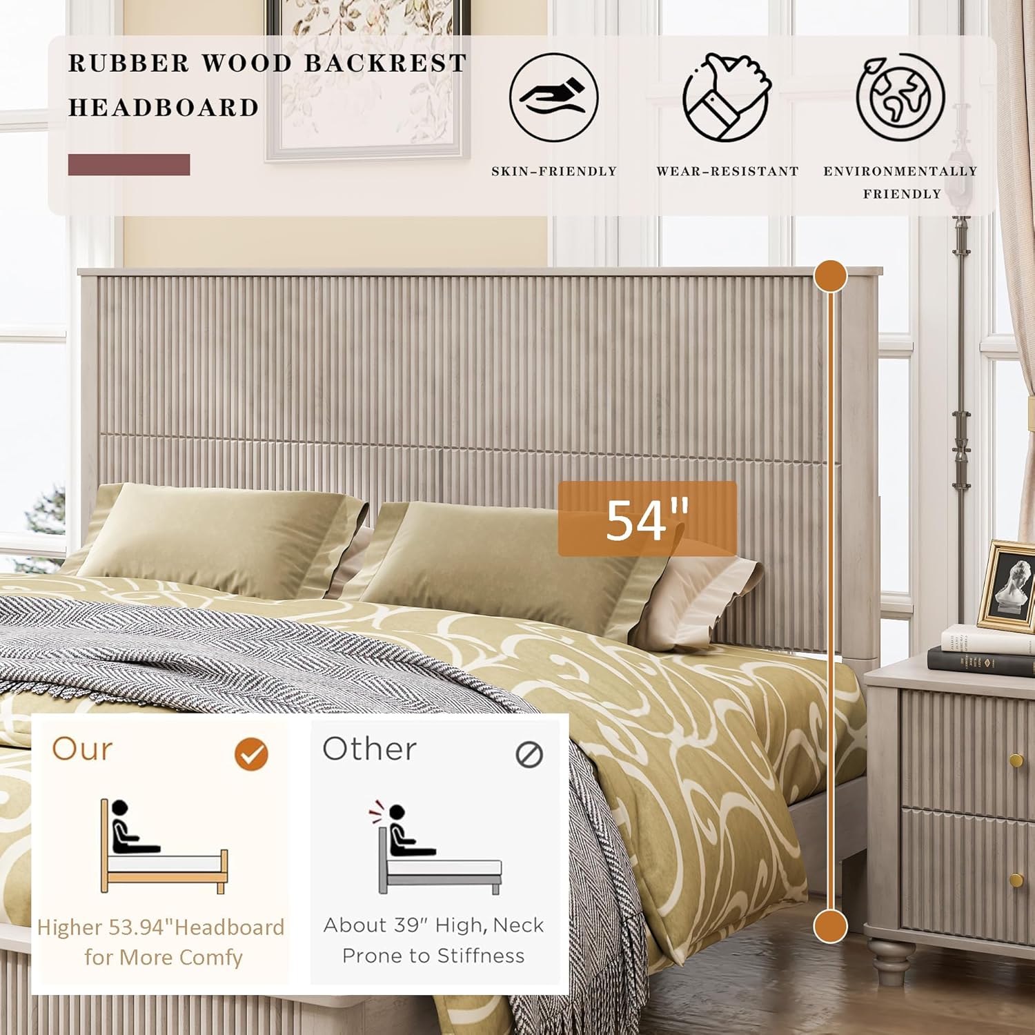King Size Platform Bed with Tall Headboard & Footboard,Rubber Wood King Bed Frame with Wood Panel Bed Base, Solid Wood Legs,No Squeak, No Box Spring Needed, Beige Beige King