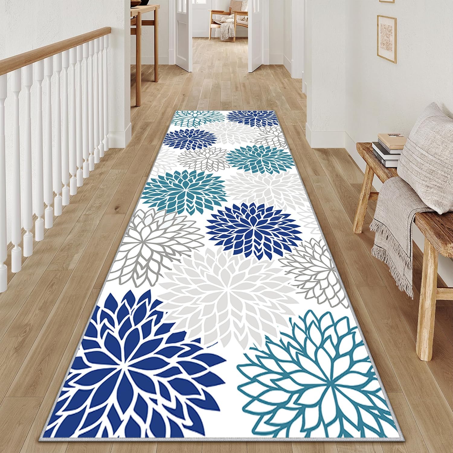 Runner Rug for Hallway Washable Rugs 2'x6' Blue Abstract Flowers Non Slip Kitchen Rugs Laundry Room Rug Bathroom Mat Soft Floor Carpet Runners for Hallway,Kitchen,Laundry, Bedroom,Entryway