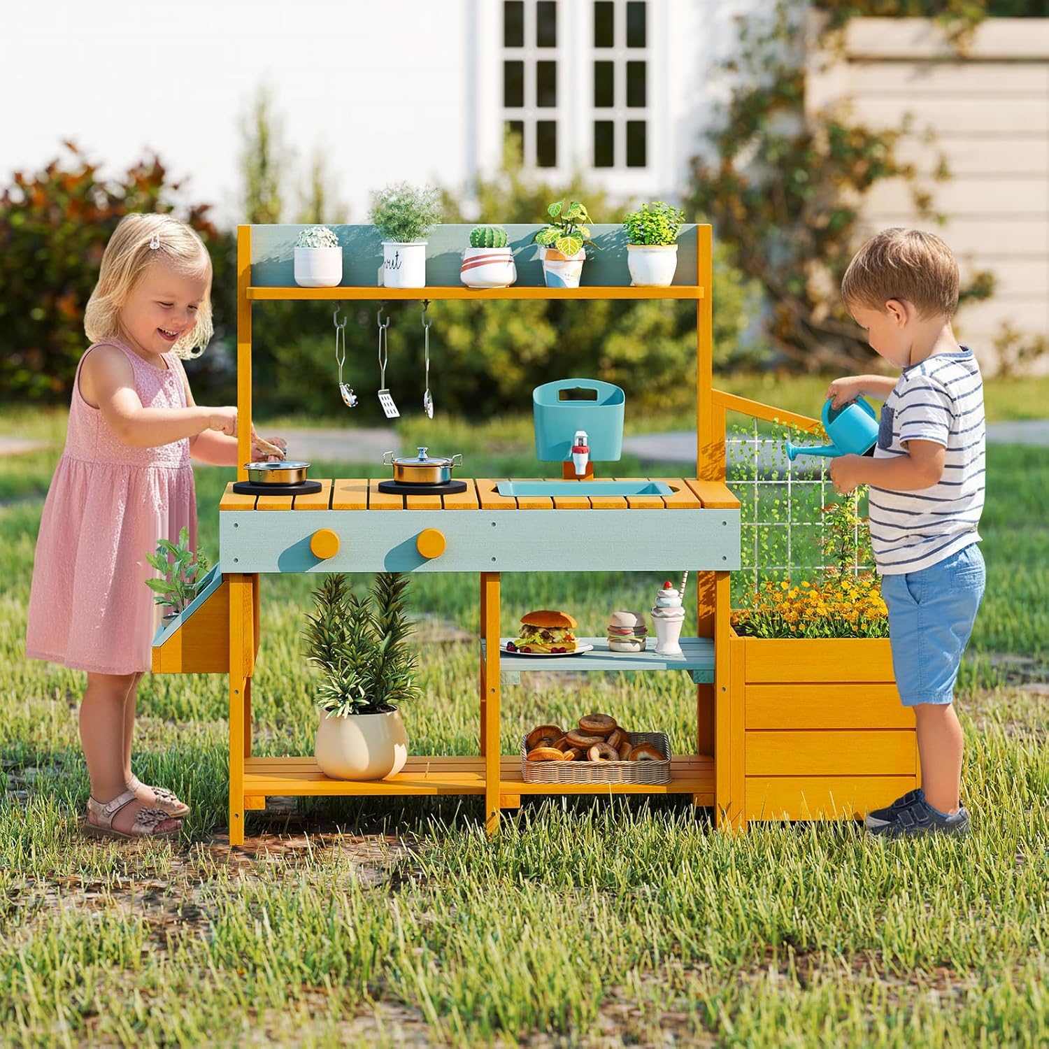 INFANS Mud Kitchen, Kids Outdoor Wooden Kitchen Play Set with Planter Box Storage Case Removable Sink Faucet Stoves Toddler Backyard Garden Pretend Cooking Toys Gift for Boys Girls Ages 3+ (Natural)
