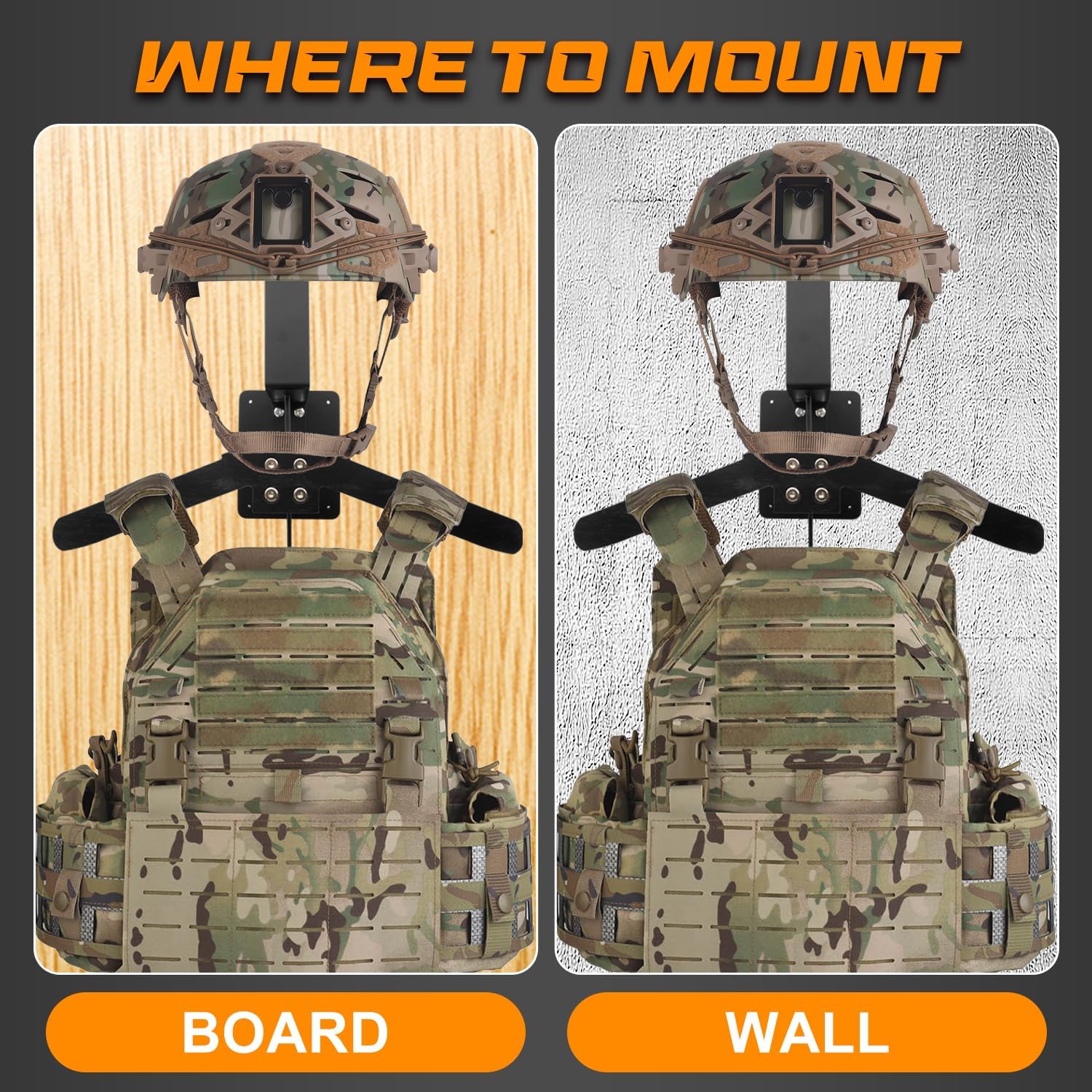 Tactical Gear Wall Mount Stand - Motorcycle Helmet Holder Display Stand with Hooks, Solid Wood Airsoft Plate Carrier Rack for Police, Football and Cycling Suit