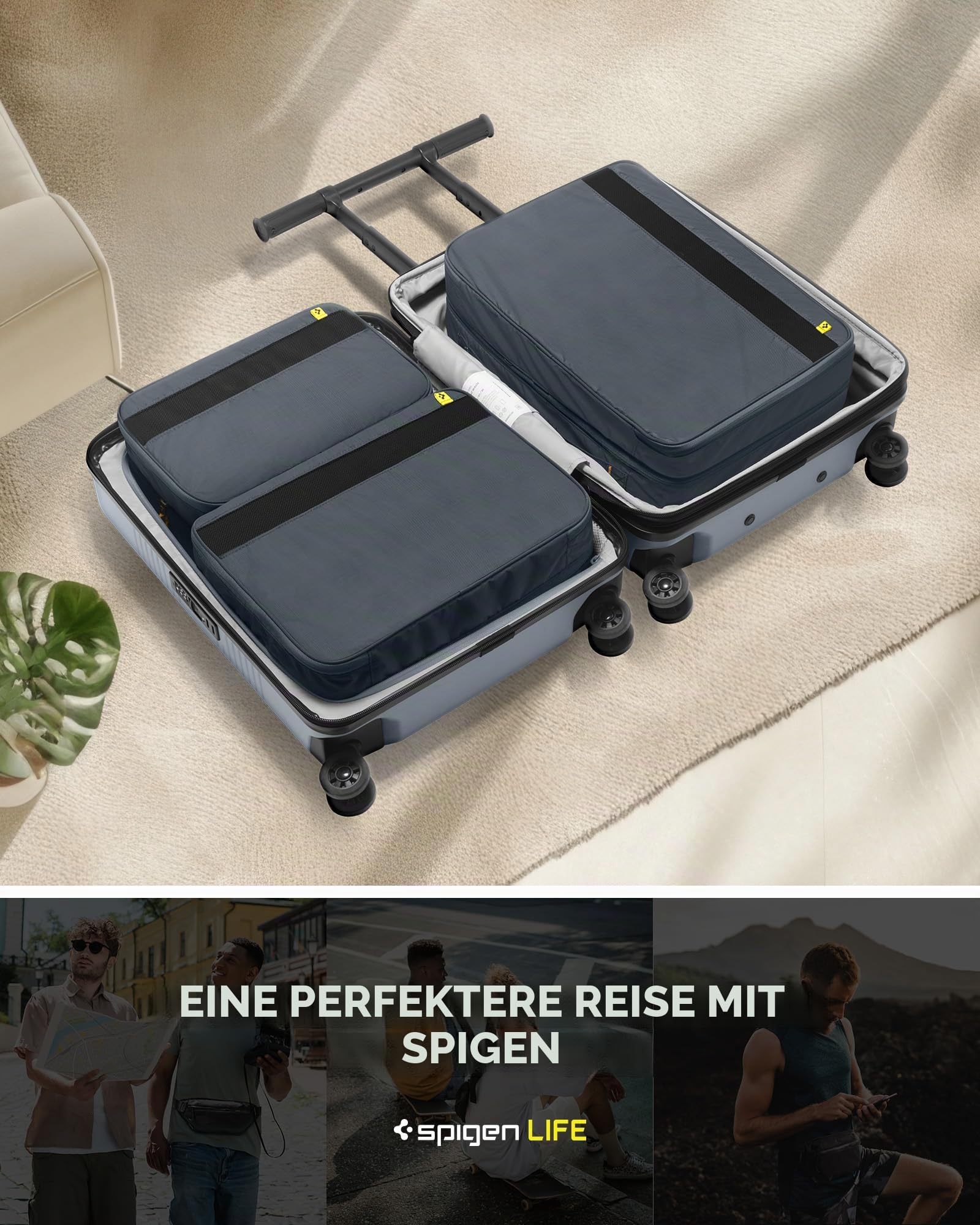 Spigen Life Packing Cube Packwürfel Koffer Organizer Set Packtaschen mit Kompression und Reißverschluss für Reisen und Urlaub L1+L1 2 Stück - Grotte Grau