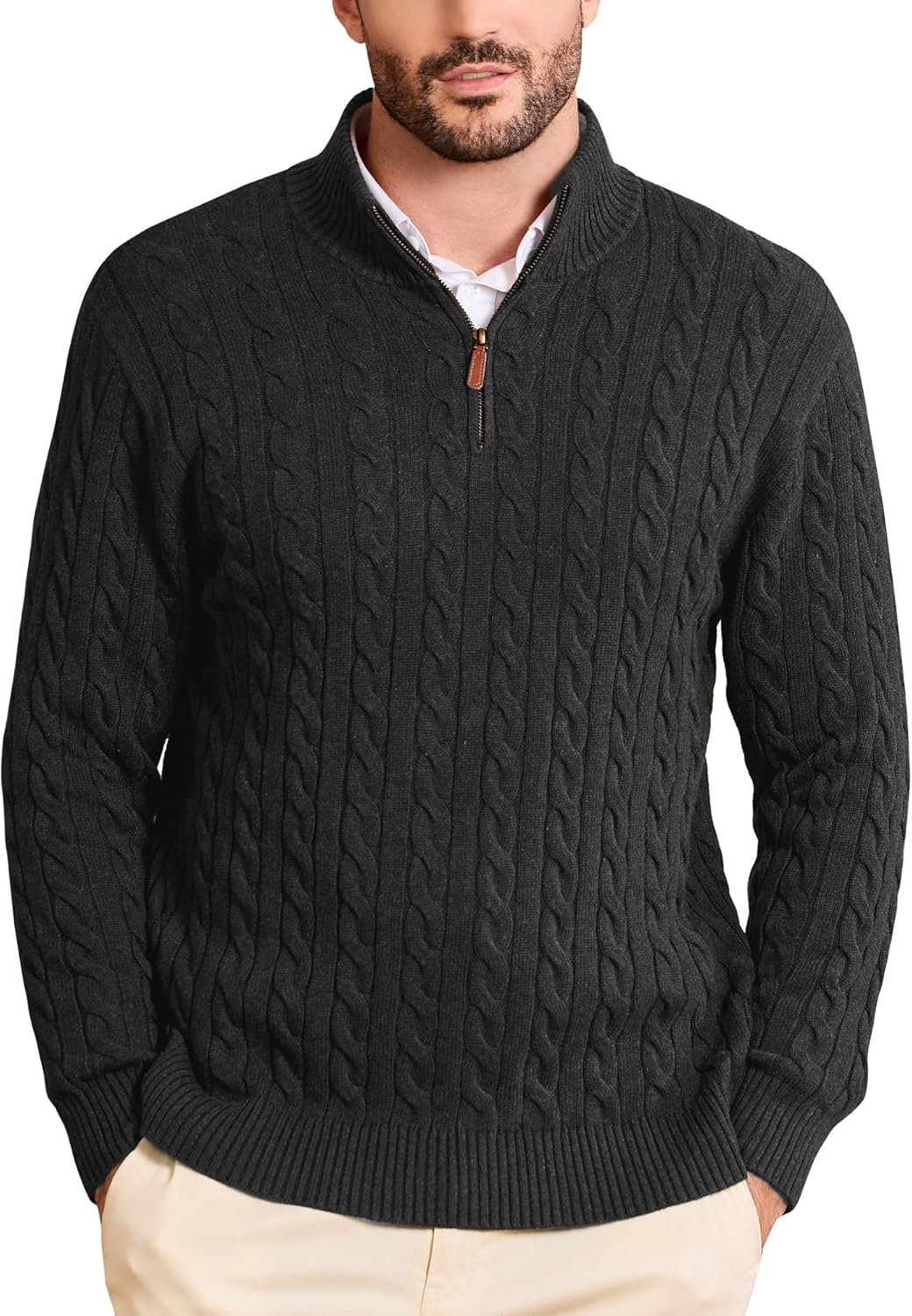 Kallspin Men's Quarter Zip Sweater Pullover Pure Cotton Cable Knit Long Sleeve Business Casual Knitwear