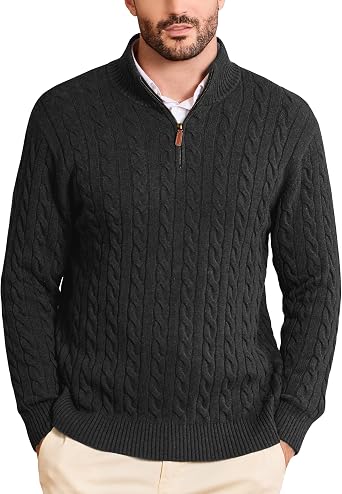 Kallspin Mens Quarter Zip Sweater Pullover Pure Cotton Cable Knit Long Sleeve Business Casual Knitwear