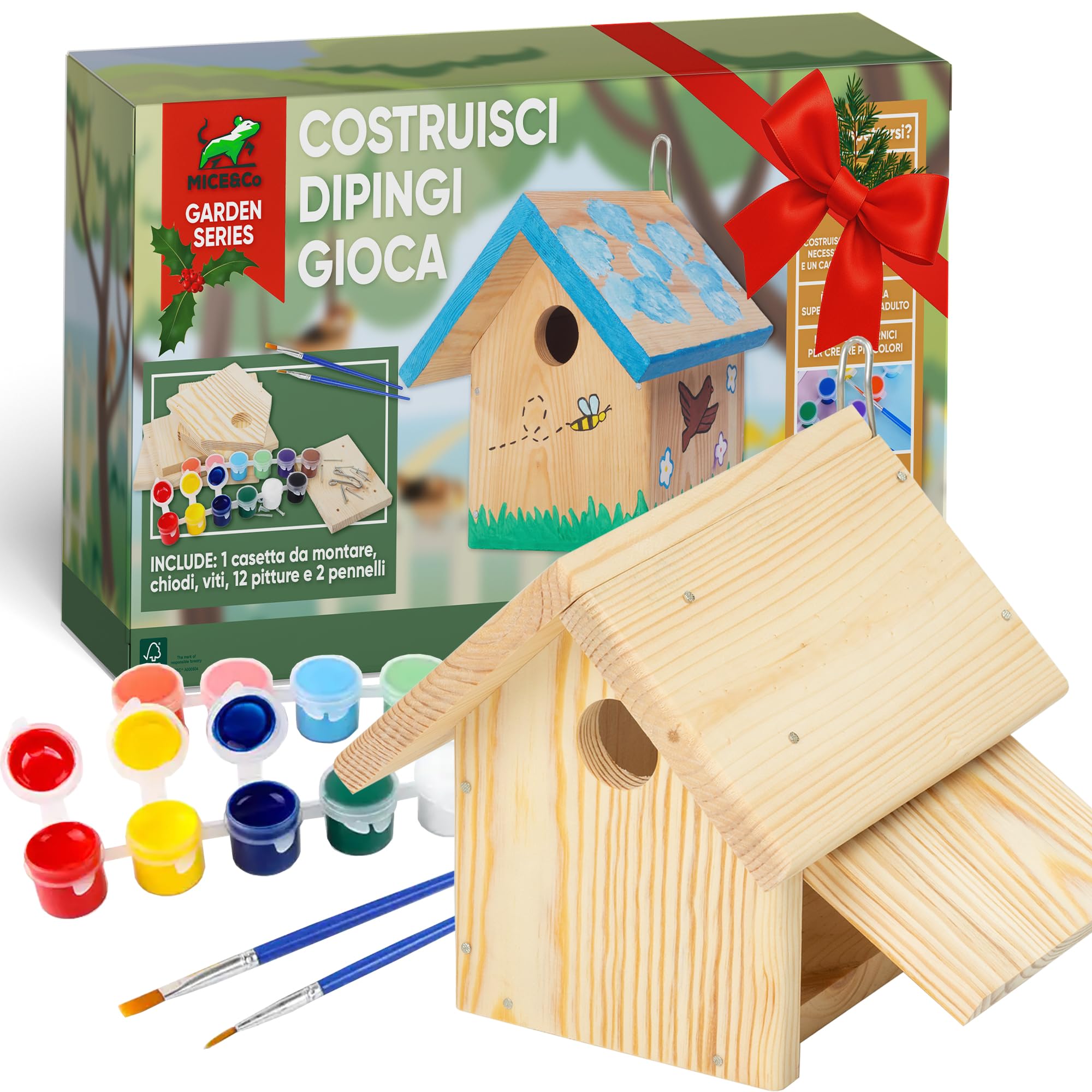 Mice&Co Casetta per Uccelli Fai Da Te - Casa Uccellini in Legno per Dipingere, Kit Montaggio con Set di Pittura, Casa Uccelli Dipingere Esterno | Casetta DIY per Giardino, Riparo per Uccelli