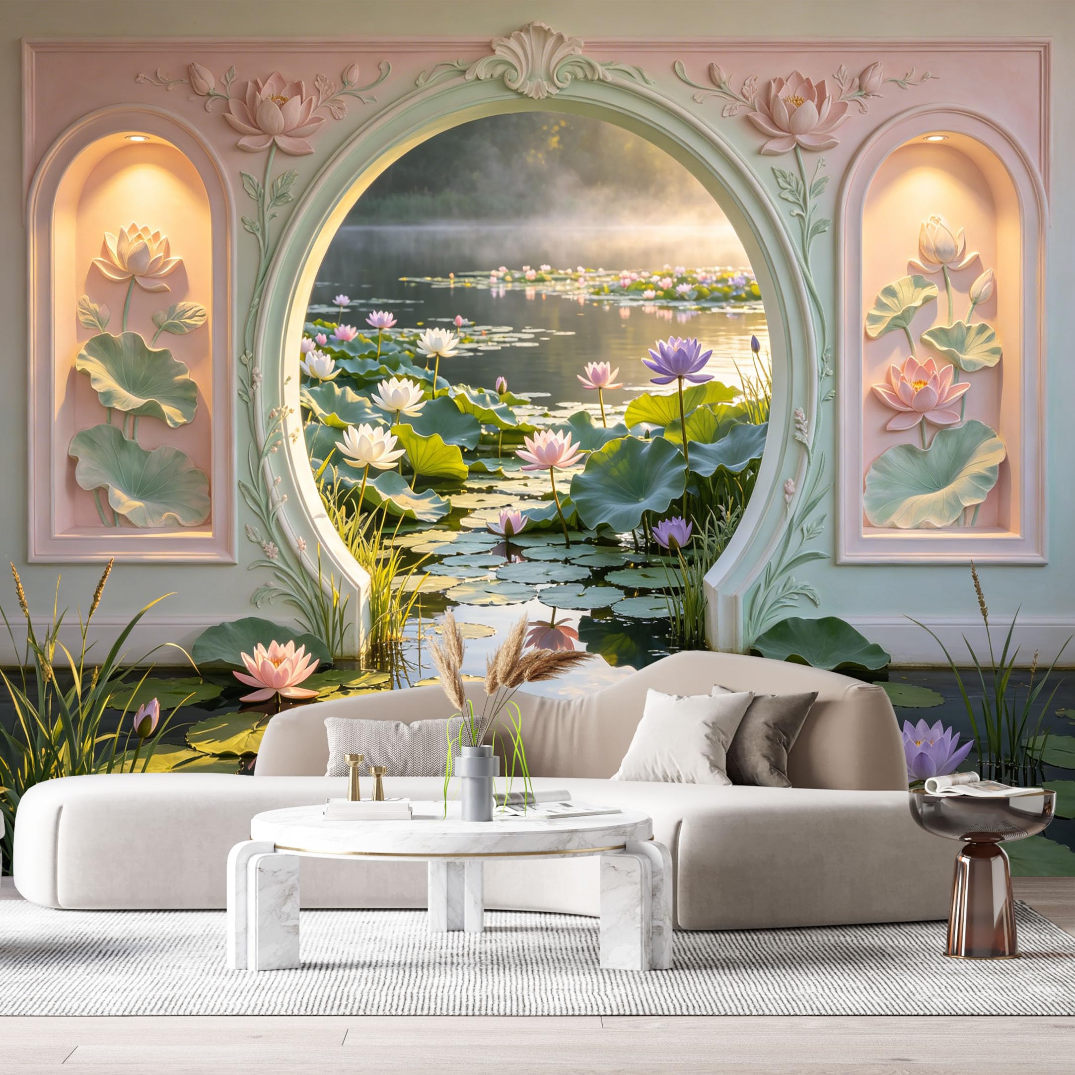 Custom Size Wall Murals Lotus Pond Archway Landscape 3D Trompe L'Oeil SelfAdhesiveWall Fabric Removable Wallpaper Wall Decor for Living Room Bedroom Bathroom
