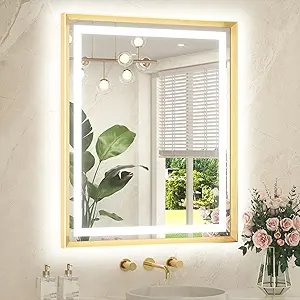 TETOTE Led Bathroom Mirror 30 x 36 with Brushed Gold Frame Anti-Fog Frontlit & Backlit Vanity Mirror Stepless Dimmable Lighted Mirrors for Bathroom Wall 3 Colors White/Warm/Natural Wall-Mounted