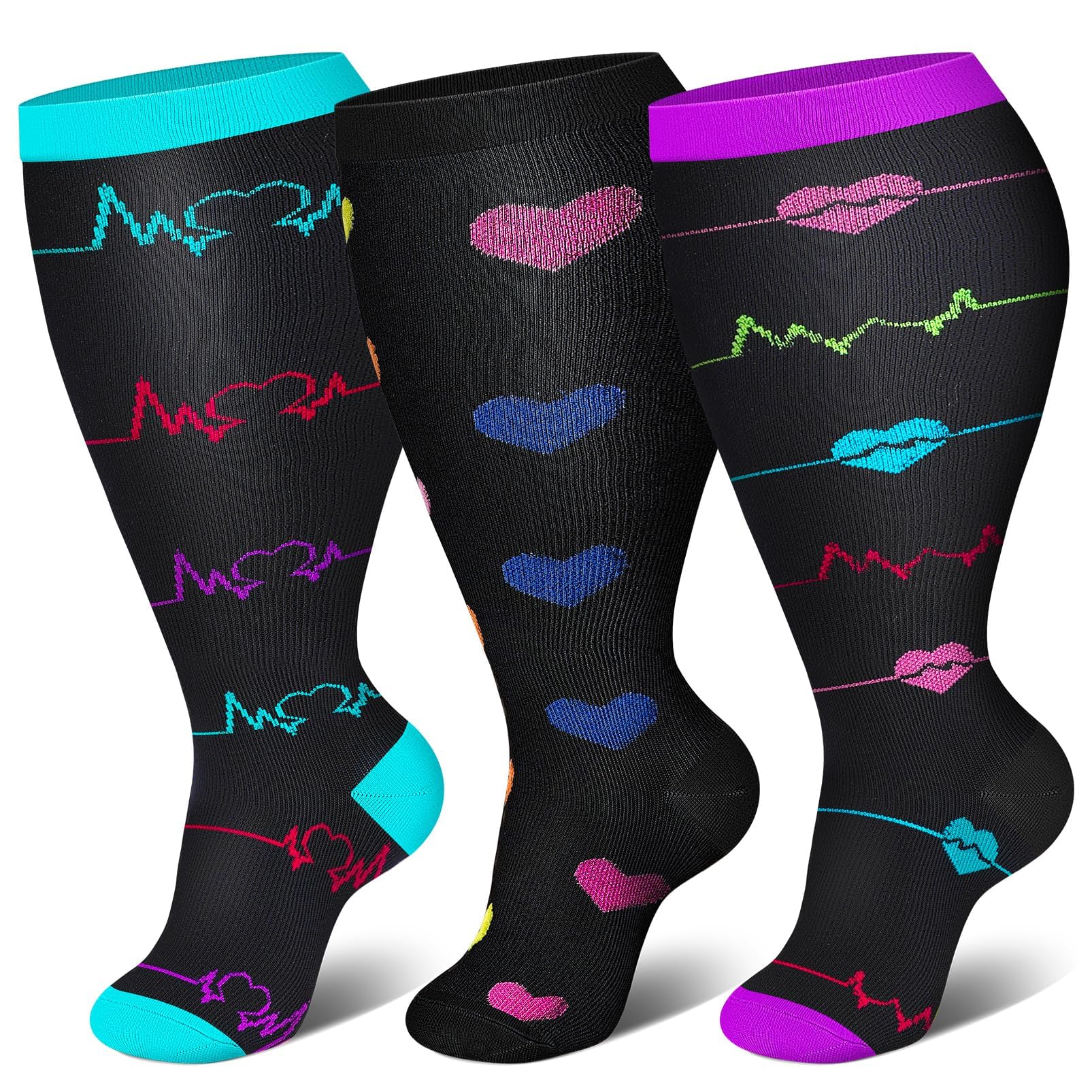 Genovega 3 Packs Wide Calf Compression Socks for Women Men Knee Hight S/M-4XL for Gifts