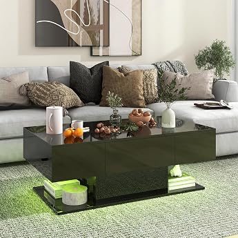 COSTWAY Coffee Table with LED Lighting, High Gloss, 20 Colours, Brightness Adjustable, Living Room Table with 2 Drawers, Coff