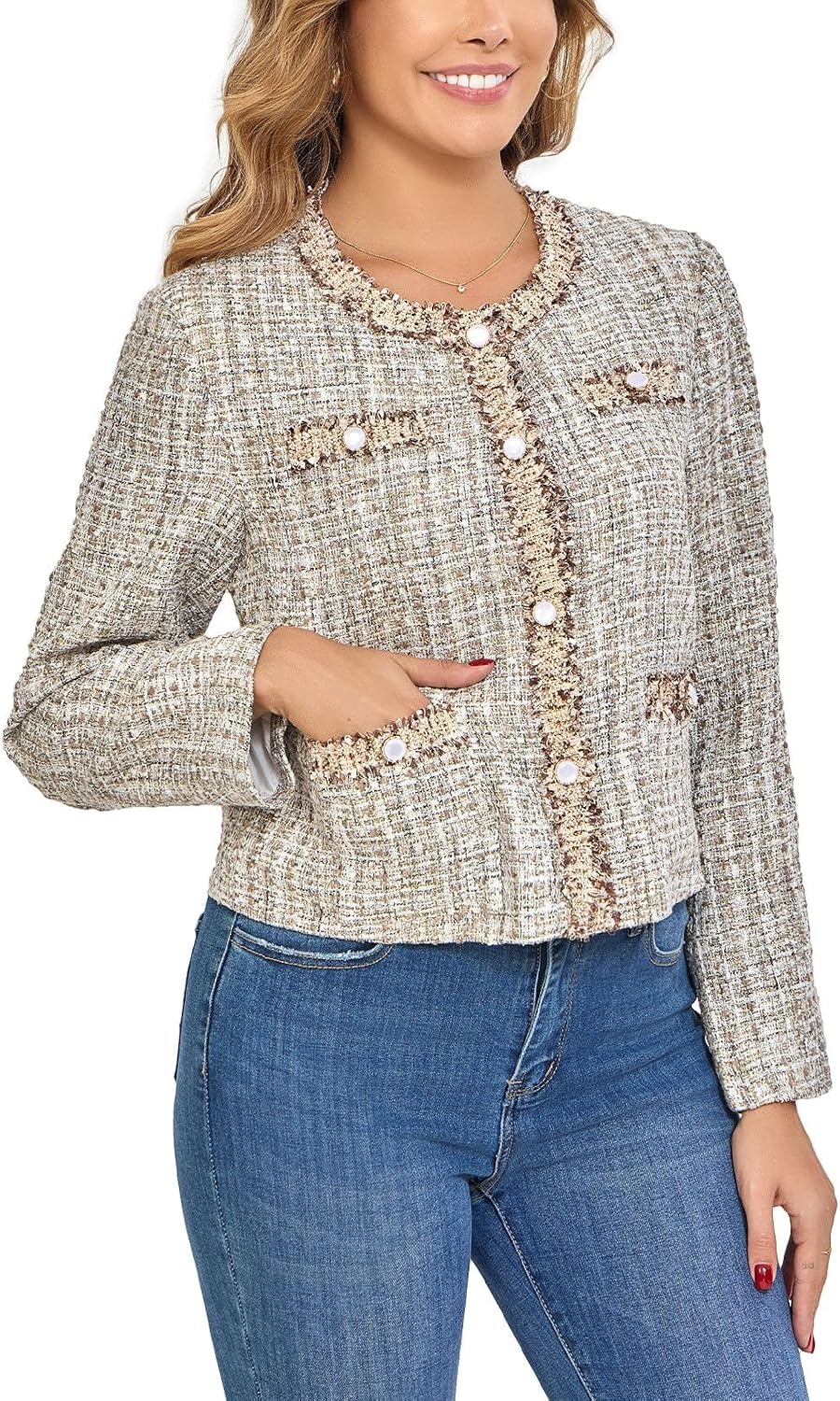 Women's Tweed Blazers Cropped Long Sleeve Crewneck Open Front Lace Trim Lightweight Plaid Work Business Jackets