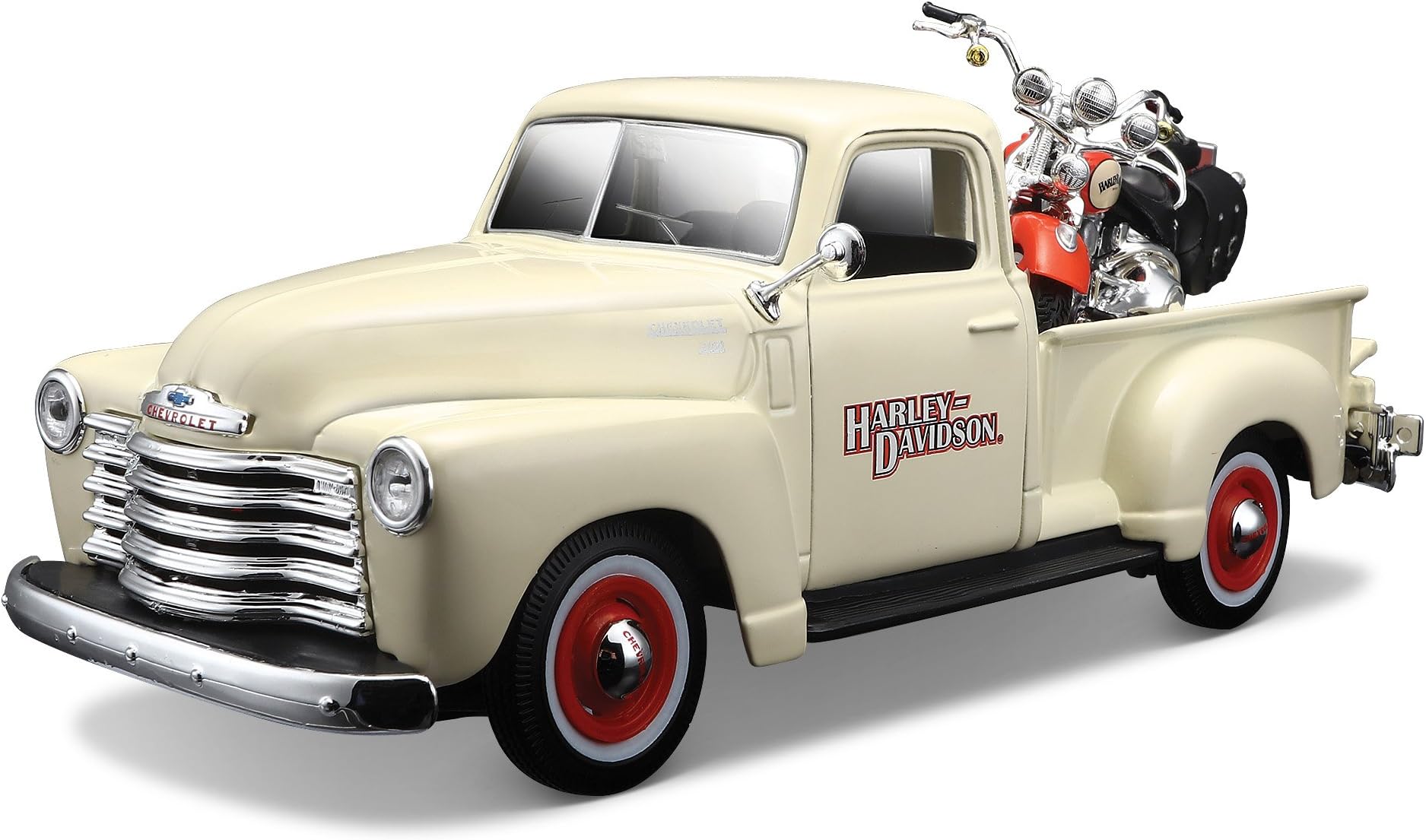 Tobar M32194 Maisto Harley Davidson/Chevrolet 3100 Pickup with FLSTS Heritage Springer Motorcycle Die Cast Vehicle, Black, Cream