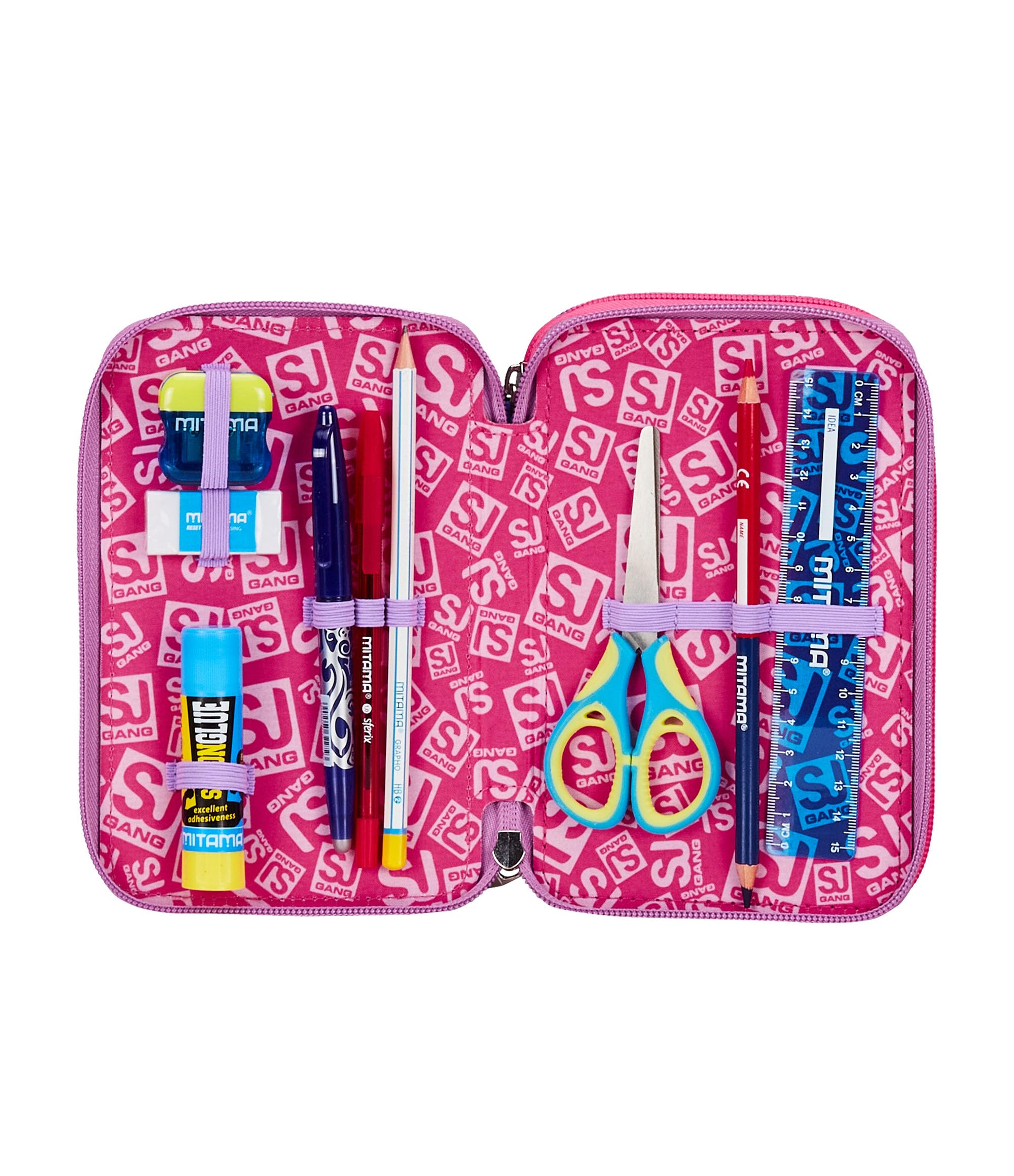 SJ GANG STYLE JAM GANG Astuccio Scuola 3 Zip, Nero e Rosa, Colorful Panda, Portapenne Triplo Scomparto Completo Di Penne, Matite, Colori, Accessori Zaino, Elementari, Medie, Bambina, 30C202461-379