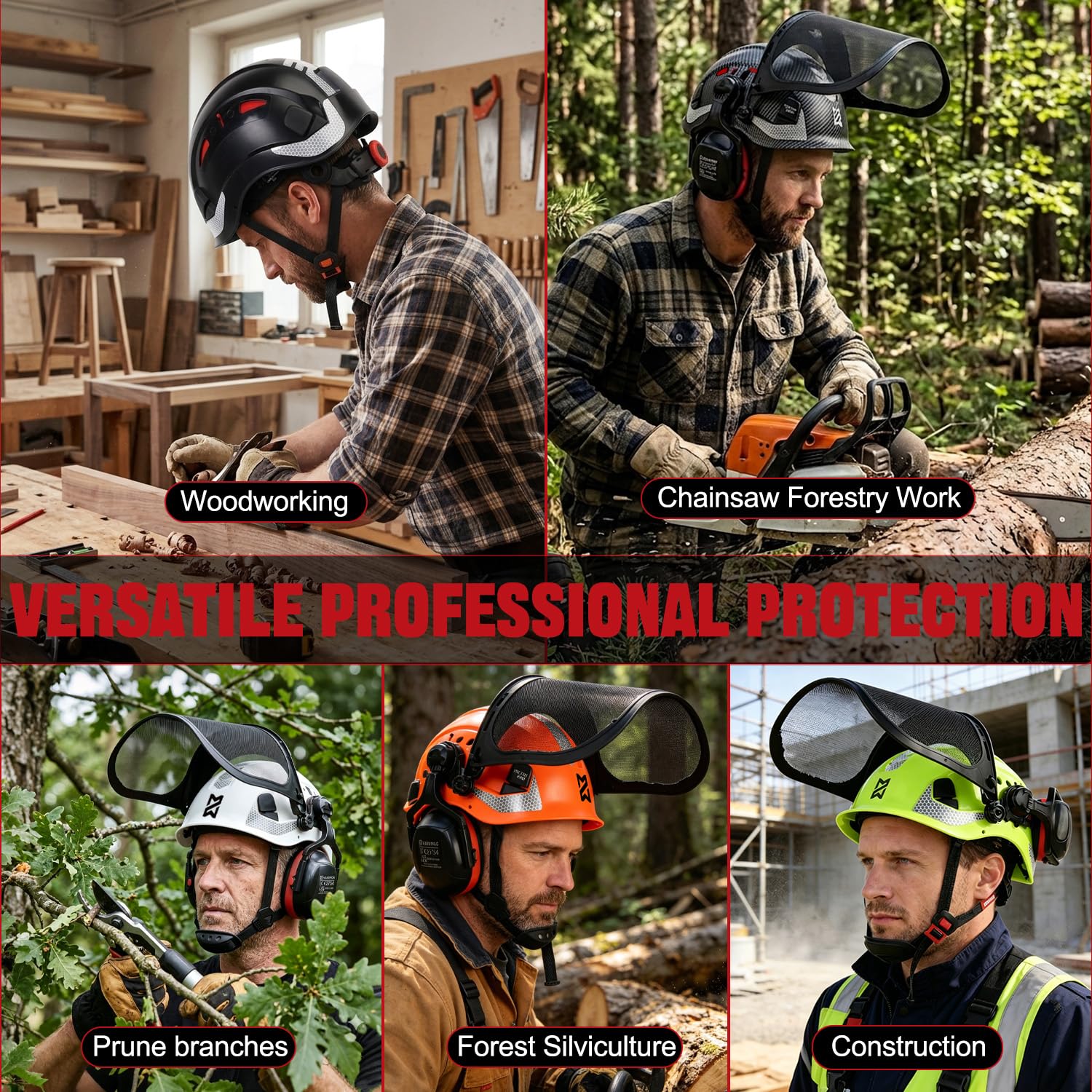 HEARMOR VOLTEK 5 en 1 - Casco de protección forestal con casco, orejeras, visera, gorro para el sudor y bolsa de transporte, antigolpes y ventilación cómoda, casco de ABS para trabajadores forestales