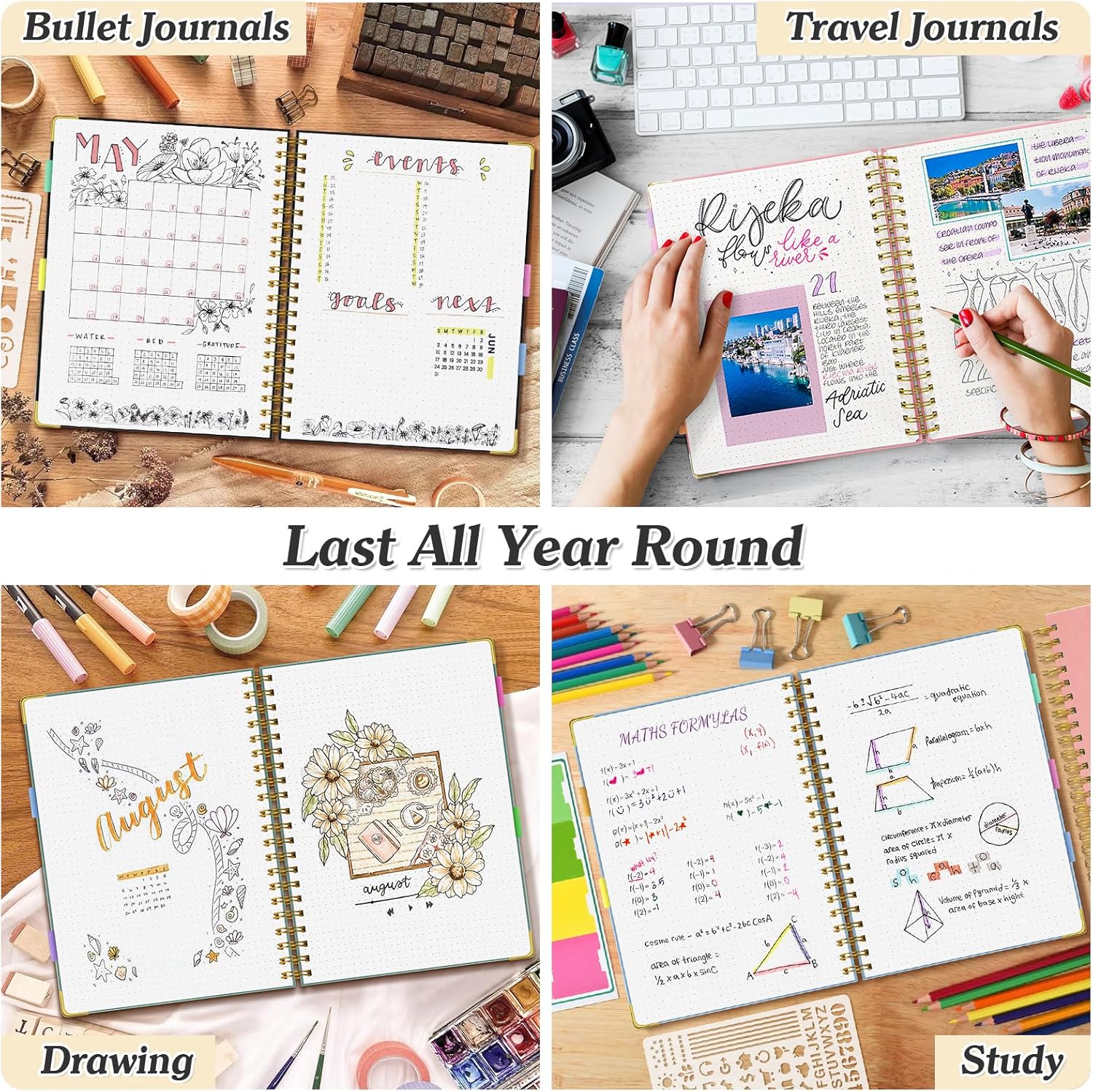 Bullet Dotted Journal Spiral Notebook, 300 Pages Leather Notebooks with Contens, 120 GSM Thick No Bleed Through Paper Journals, A4 Large Dot Grid Notebook for Women Men Work Writing, 8.5" x 11", Pink