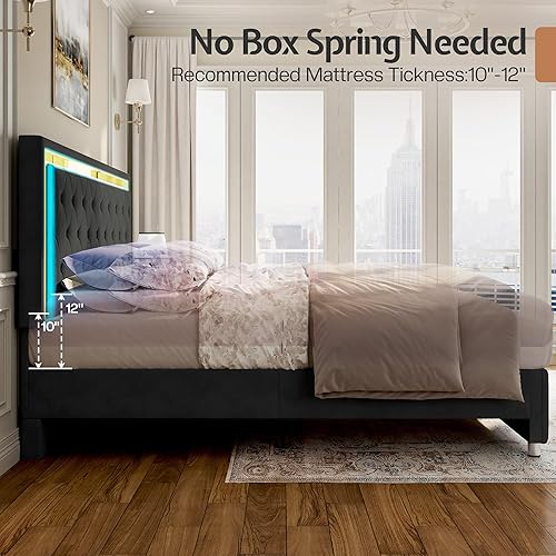 Miniatura 8 de Jocisland Base de cama Queen con cabecero y estribo de luces LED, tapizado de terciopelo, marco de cama tamaño Queen, no necesita somier, color negro
