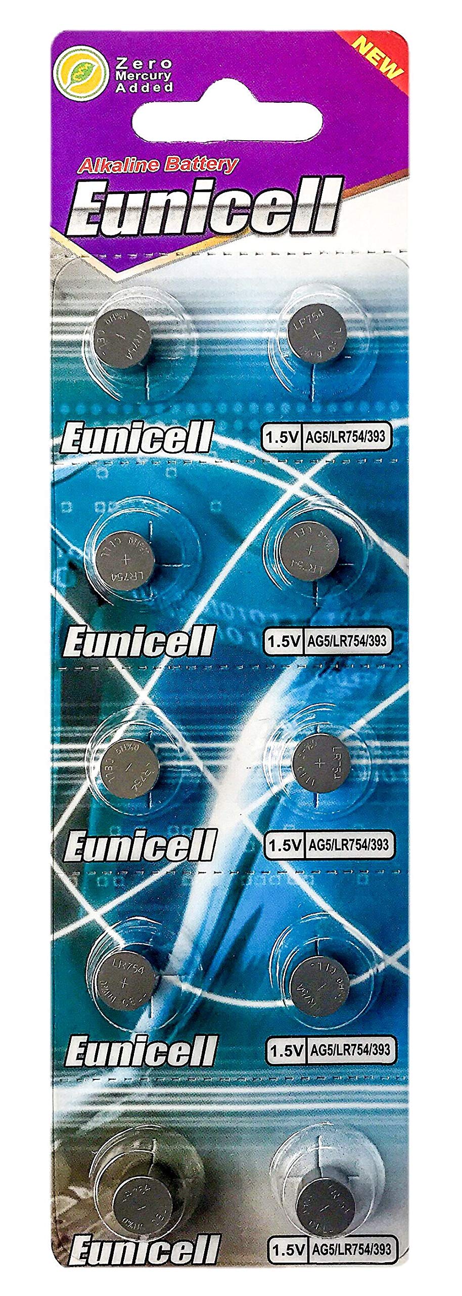 10 Eunicell AG5 / 193 / LR48 Button Cell 1.5V Battery Long Shelf Life No Mercury (Expire Date Marked)