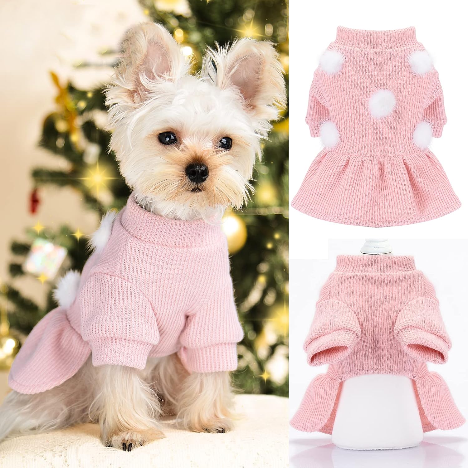 Winter Dog Dress for Small Dogs, Warm Pet Dog Sweater Clothes, Knitted Puppy Princess Dresses, Cute Knitwear for Yorkie Chihuahua…