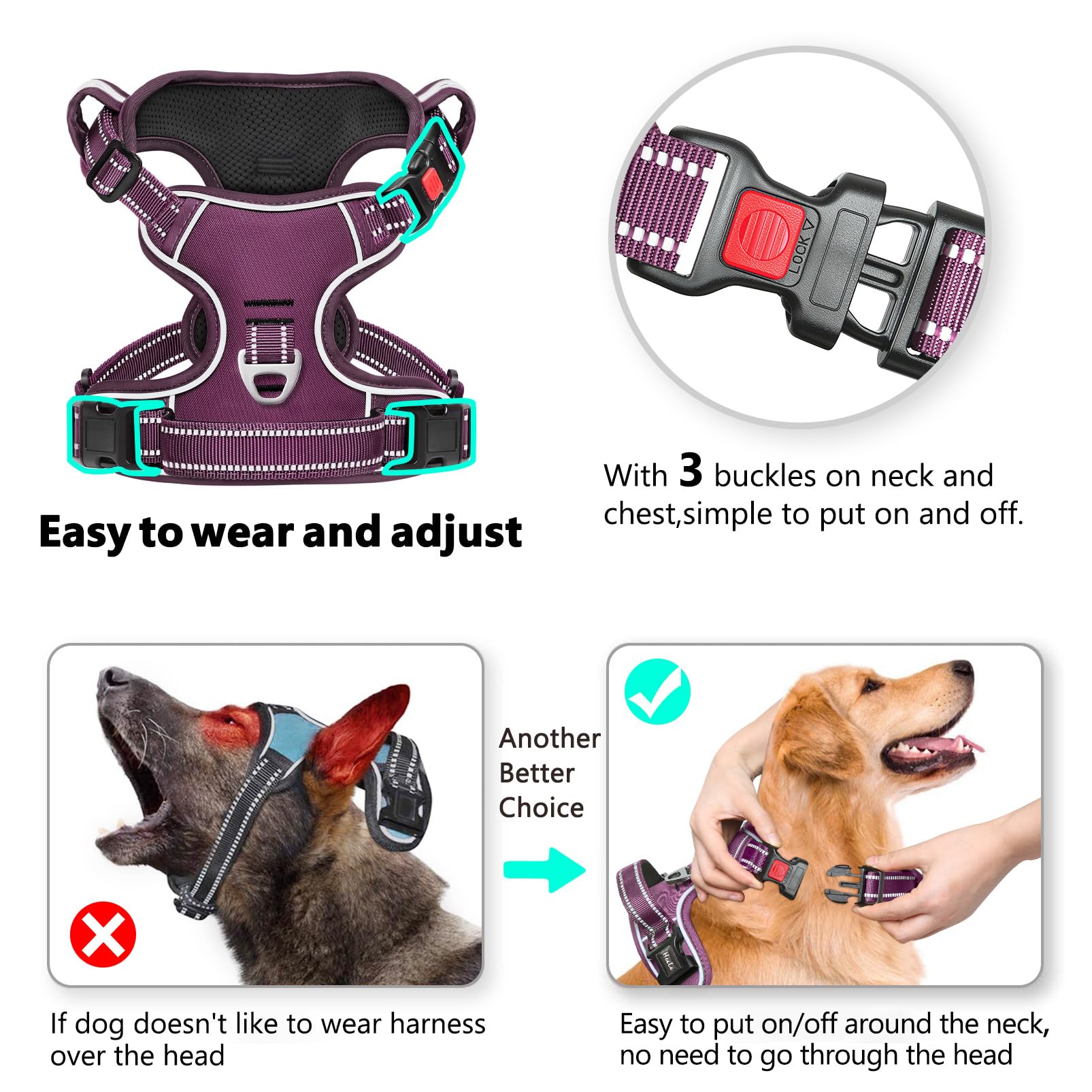 HEELE Arnés de Pecho para Perros con Cierre de trinquete con Cierre Ajustable Reflectante y Abierto en el Cuello y arnés antitracción para Perros, Cerradura Morado Adorno a Juego, L - 3