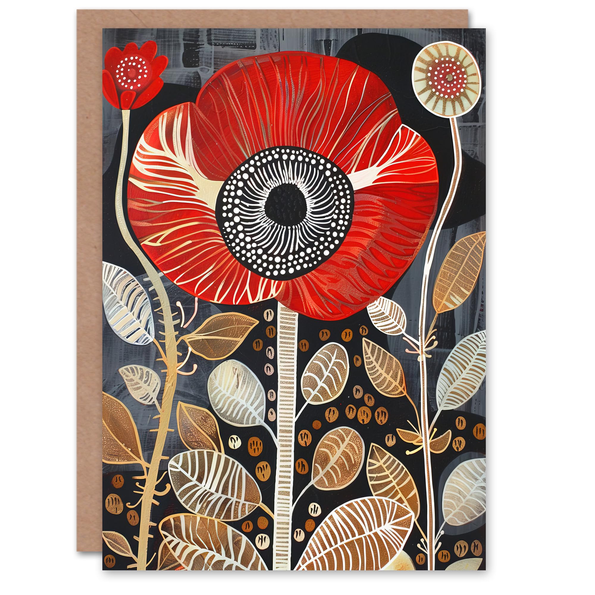 Artery8 Greeting Card Poppy Flower Red Gold Grey Modern Folk Art Blank For All Him Or Her Art Birthday Card