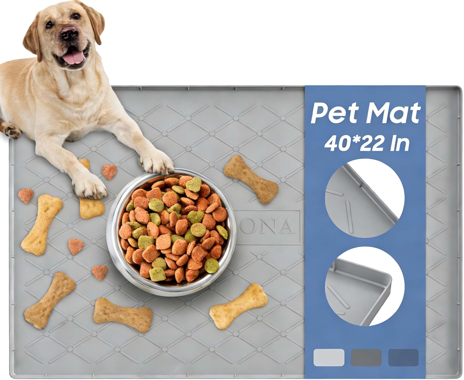 URMONA Large Dog Food Mat, 40" x 22" Pet Food Mat, Waterproof Dog Cat Food Mat with Raised Edges, Silicone Pet Food Mat, Dog Accessories, Prevents Food Spills, Protects Floors（Beige）