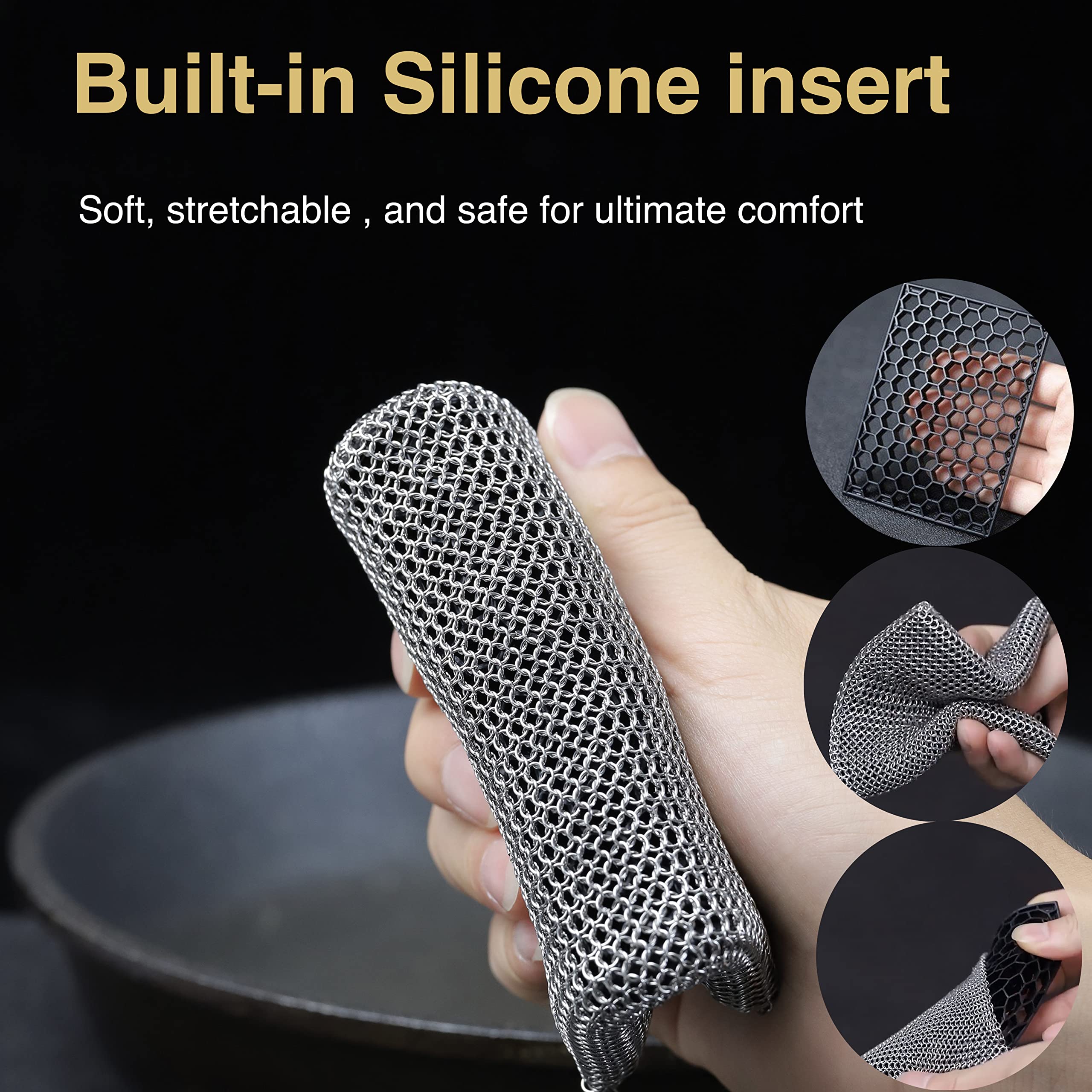 Spugna lavapiatti in acciaio inox 316, con anelli saldati, in silicone integrato con anelli saldati, per pentole in ghisa, barbecue, piatti