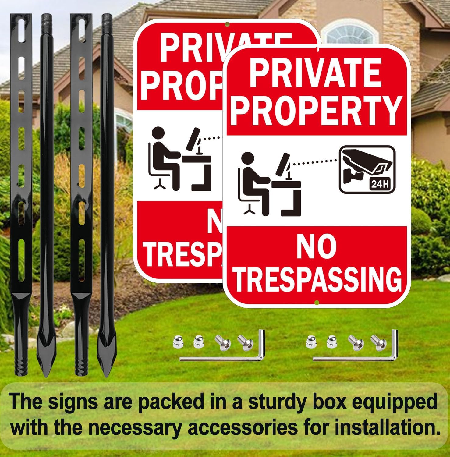 Private Property No Trespassing Signs with Posts, 14 x 10 Inches, Reflective Aluminum, 36 Inch Metal Stakes, Weather Resistant, 2 Pack