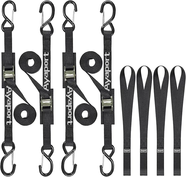 Ayaport Cam Buckle Tie Down Straps 8ft 1250lbs Break Strength 4 pcs Securing Straps with S Hooks for Motorcycle, Car, Truck, Dirt Bike