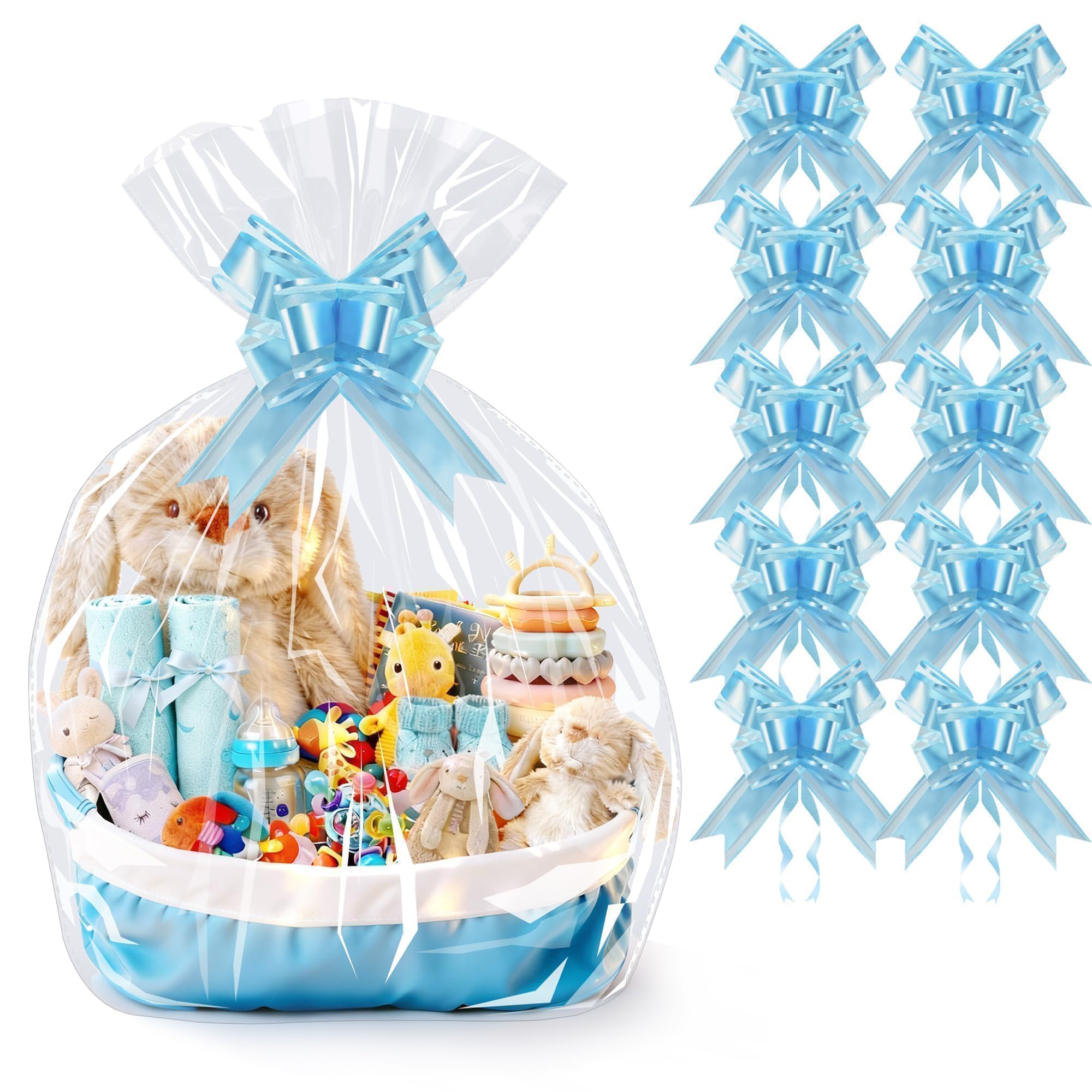 PigPotParty Cellophane Bags for Gift Baskets, 24x30 in, 10 Pack, Blue Bows