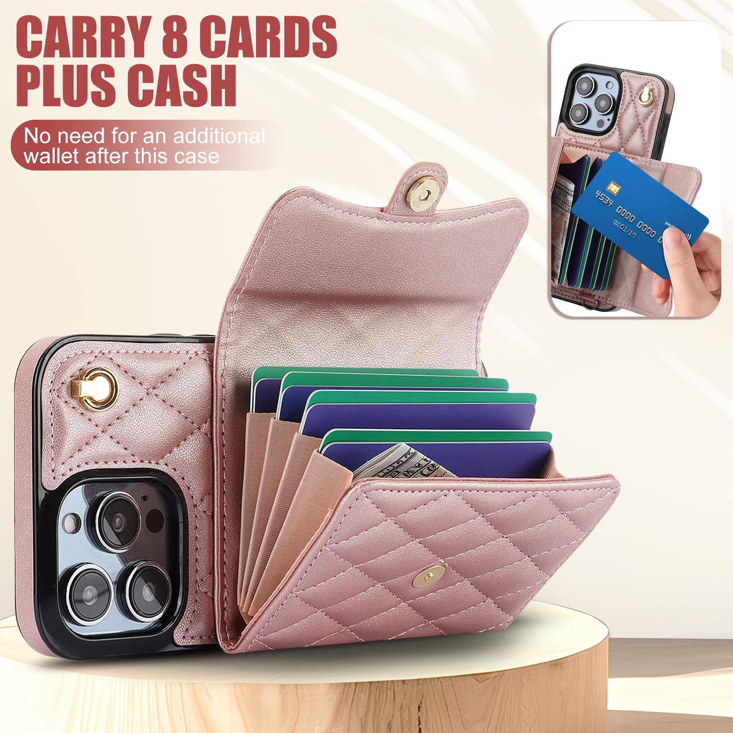XIZYO for iPhone 15 Pro Max Leather Crossbody Wallet Phone Case with 2 Adjustable Removable Lanyard Straps - Image 3