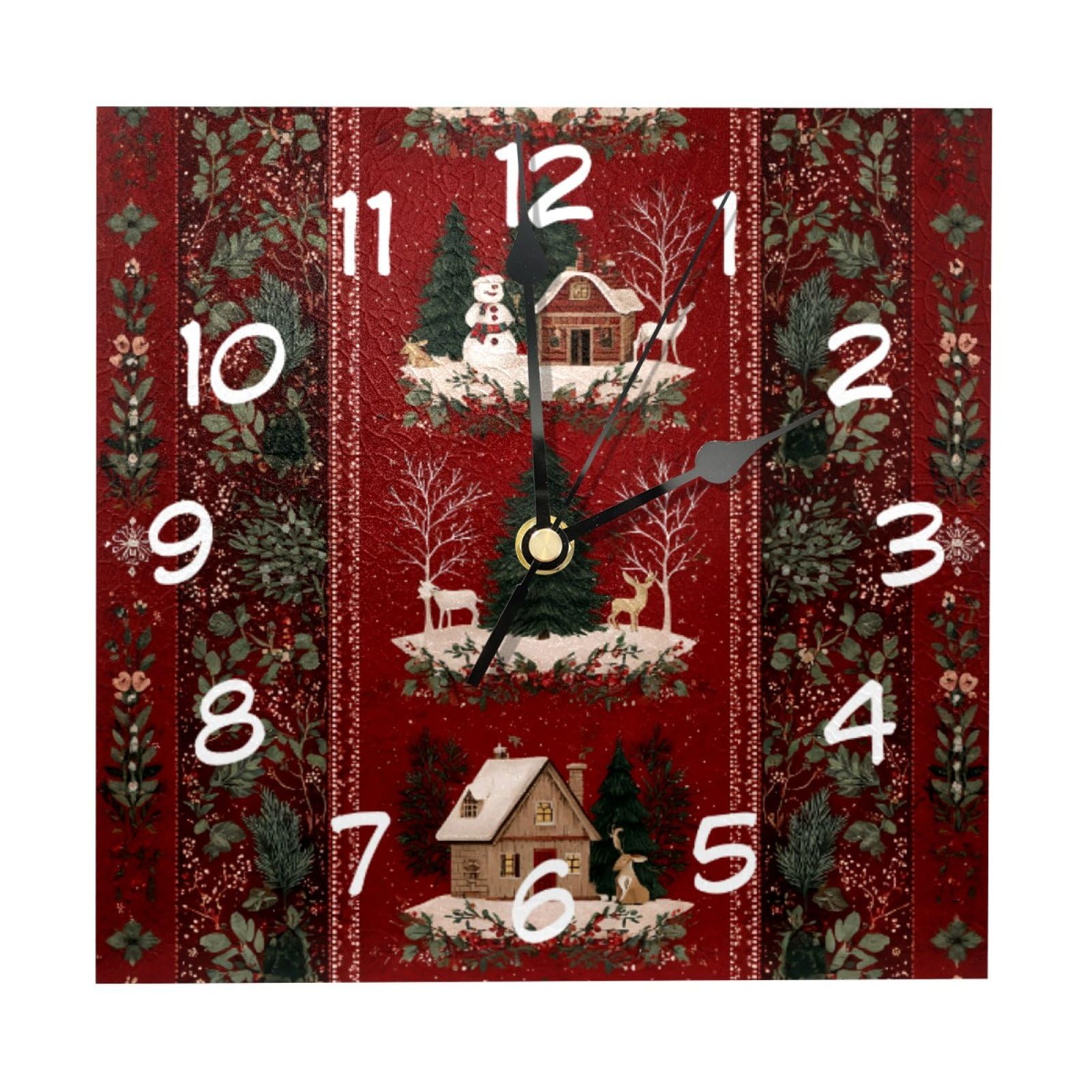 Horloge murale carrée bois silencieuse à piles avec impression de Noël