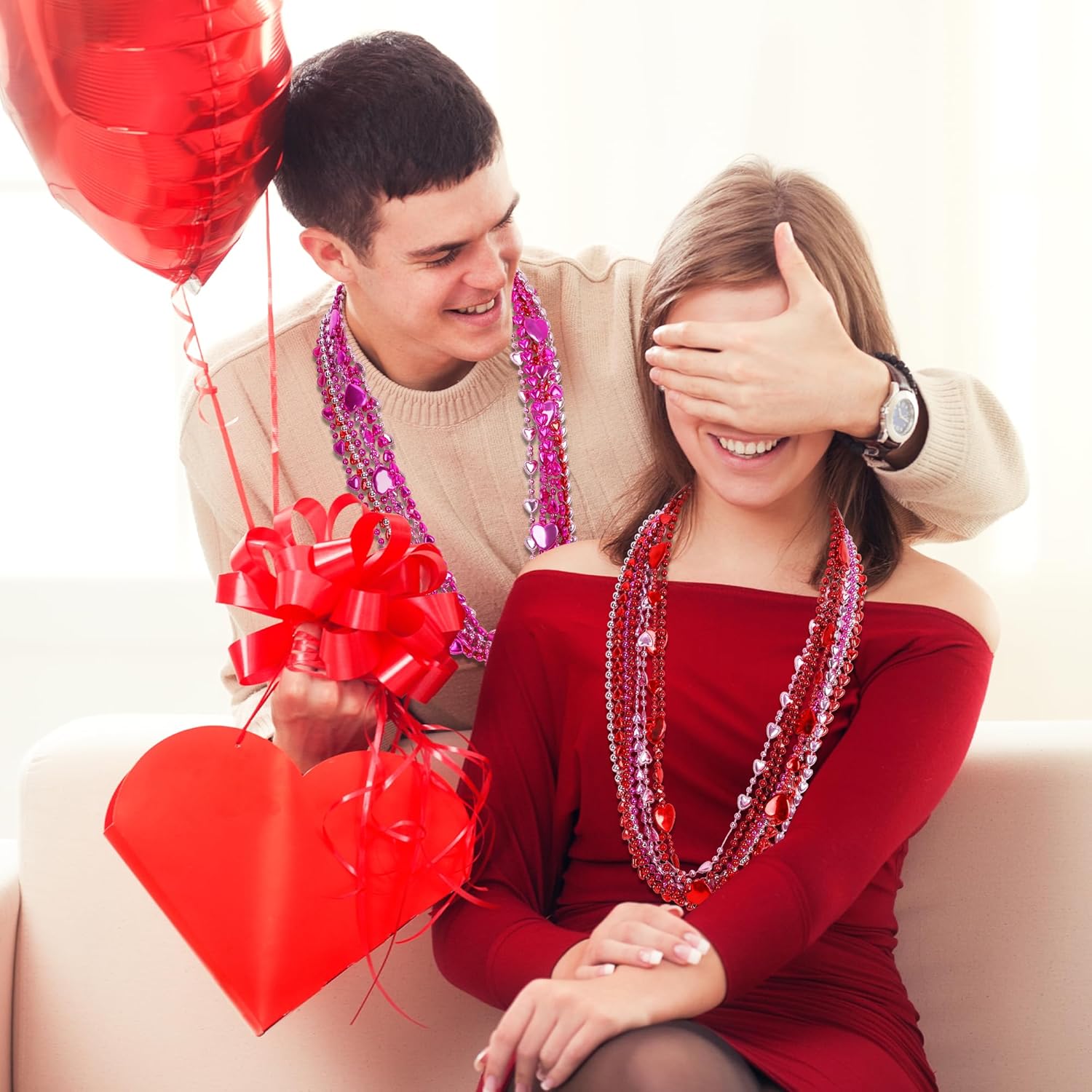 12PCS Valentines Necklace Accessories, 12 Kinds Red Pink Valentine's Day Beads Necklace, Metallic Heart Shape Bead Necklace Accessories Bulk, Romantic Valentine's Day Classroom Gifts School Favors