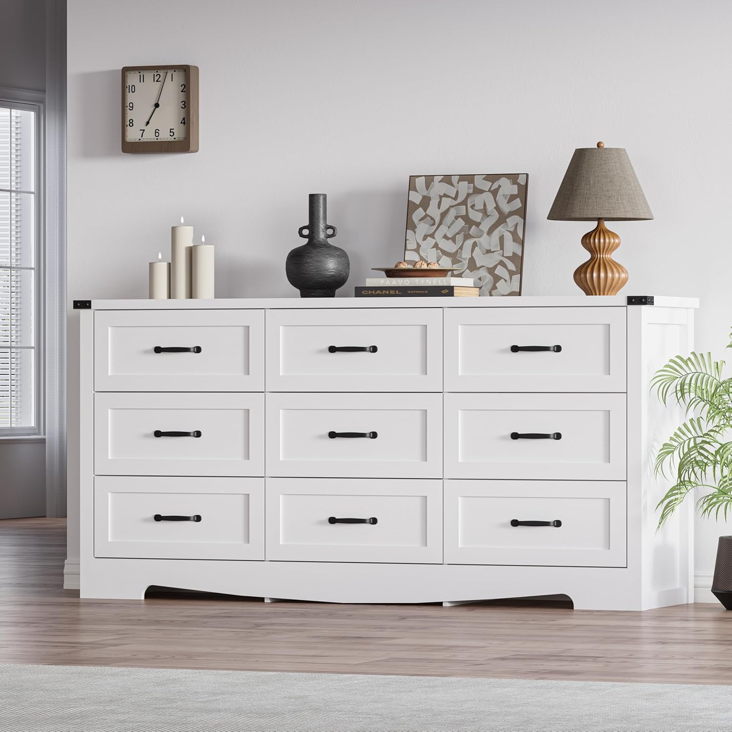 Thacuok White Dresser for Bedroom, 59'' Wide Wooden Chest of Drawers with Natural Wood Texture, 9 Drawer Dresser for Closet with Metal Handles, Sleek Storage Solution for Living Room, Office, Hallway