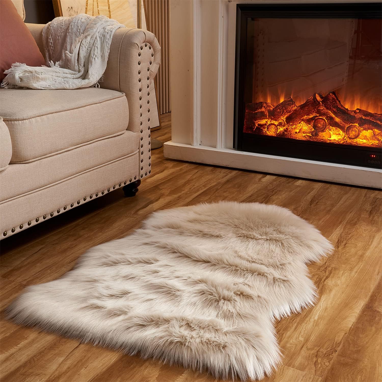 Arbosofe Faux Fur Sheepskin Rug Beige - Fluffy Small Fur Rug for Bedroom & Living Room, 2 x 3 Feet