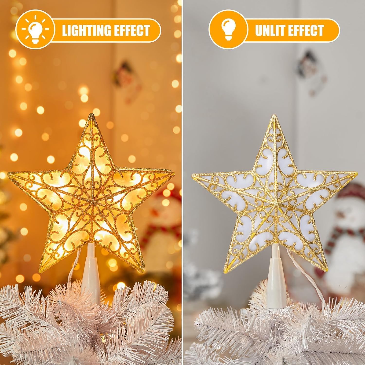 Brightown Christmas Tree Topper Star Lighted Gold 3D Hollow Glitter Sequin Built-in 10 Bulbs Golden Christmas Tree Star Topper Lighted Plug in Vintage Indoor Xmas Decorations Holiday Decor White Base - Image 2