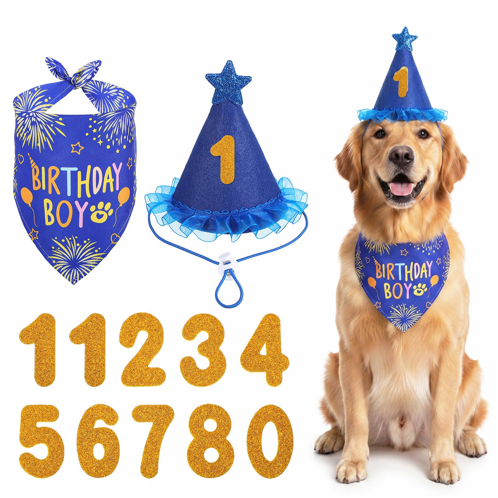 Rose Pink Dog Birthday Bandana Set, Dog Birthday Party Supplies with Hat Bandana Numbers Adjustable Pet Anniversary Outfit for Small Girl Pets Puppy