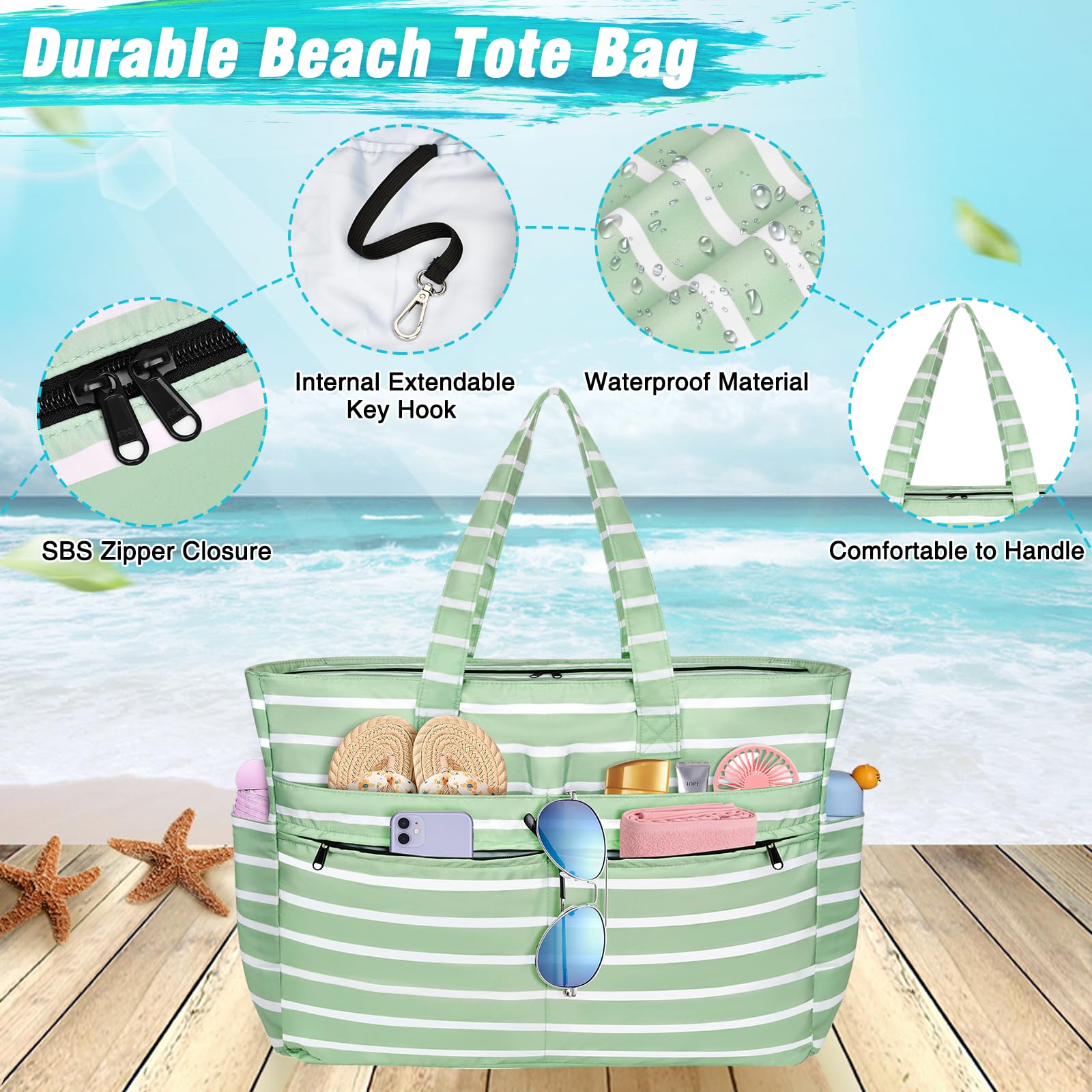 WACCET Borsa Mare Donna Grande, Borsa Spiaggia Donna Impermeabile con Zip Borse Mare Grande XXL Famiglia 50L Pieghevole Leggera Borse Beach Tote Bag per Spiaggia, Viaggio, Vacanza, Piscina
