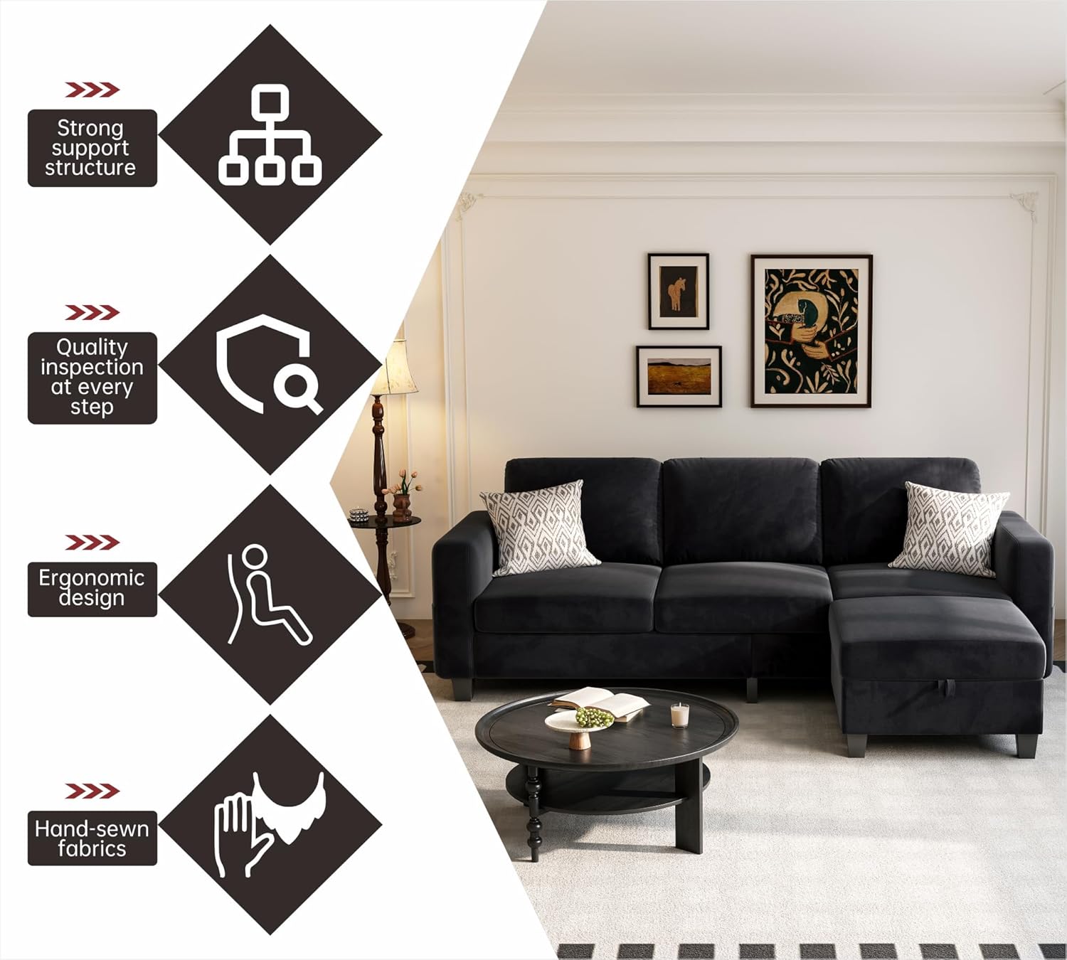 Youmumeub Sectional Couches for Living Room - Convertible Sofa and Storage Bench,79''Modern Corner Configuration,Suitable for Living Room, Apartment, Bedroom and Office-Black | Reversible Chaise, Washable Covers