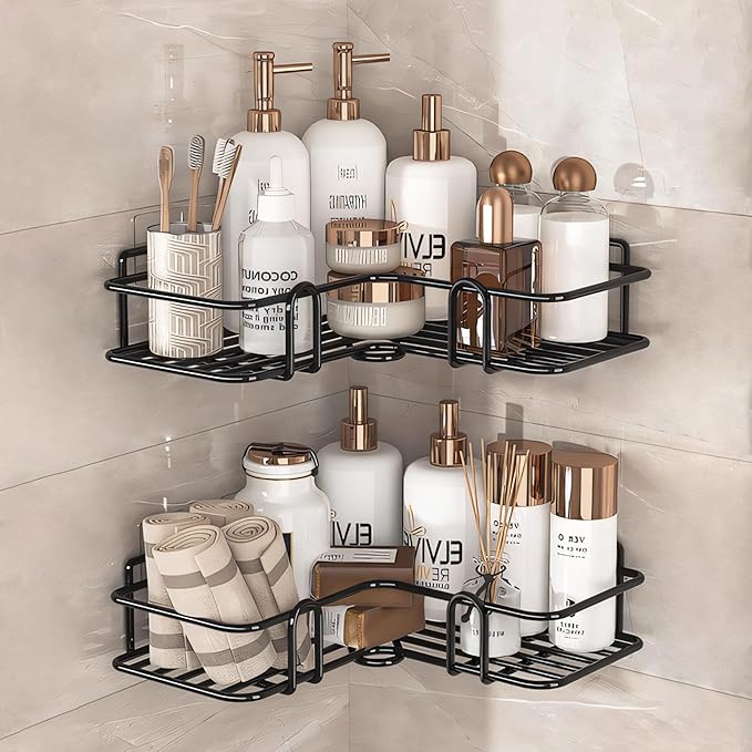 MIORAH 2 Pack Luxury Self Adhesive Bathroom Corner Shelf – No Drill Premium Wall Rack for Toiletries & Elegant Shower Storage