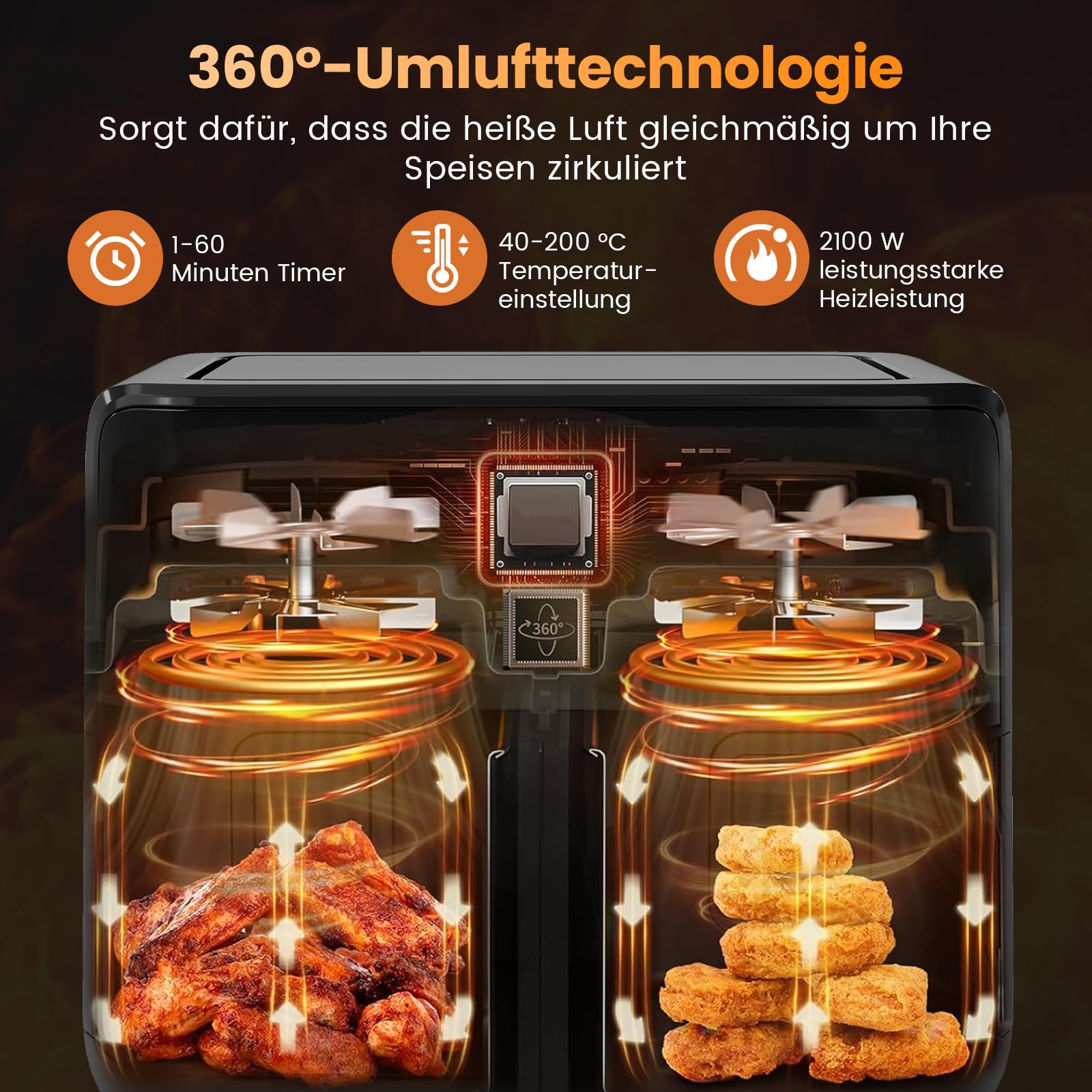 COSTWAY Frytkownica na gorące powietrze, 2 komory, 8,5 l z okienkiem, wykończenie Sync Cook & Match Finish, cyfrowy ekran dotykowy i gorące powietrze 360°, 2100 W, nadaje się do mycia w zmywarce