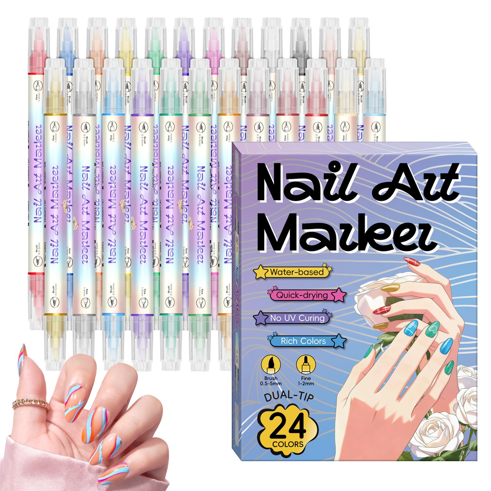 24 Farben Nagellack Stift Set, 0.5mm Nail Art Marker für 3D-Nagelkunst, Nagellackstifte für Nägel Kinder, Nageldesign für DIY Nagelkunst, Premium-Schnelltrocknungsformel